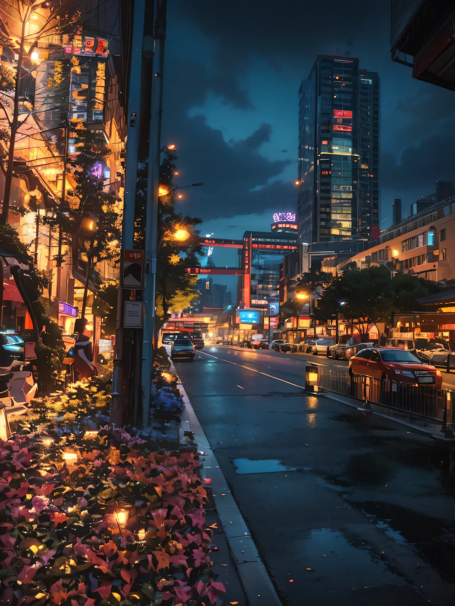 ((best quality)), ((masterpiece)), (((Surreal)), ((at night)), jim lee (Jim Lee) exquisite and detailed soft oil painting, , tall building, neon sign, Surreal, Modern cars, Umbrella, reflection on reality, high dynamic range, 8K has a street，There are cars and people on it，There is another road sign, Photos of city streets, on city streets, distant cityscape, street level view, Empty metropolitan street, modern city street, on city streets, The photo shows a large, around the city, in the center of the city, Shot with Sony A7R camera