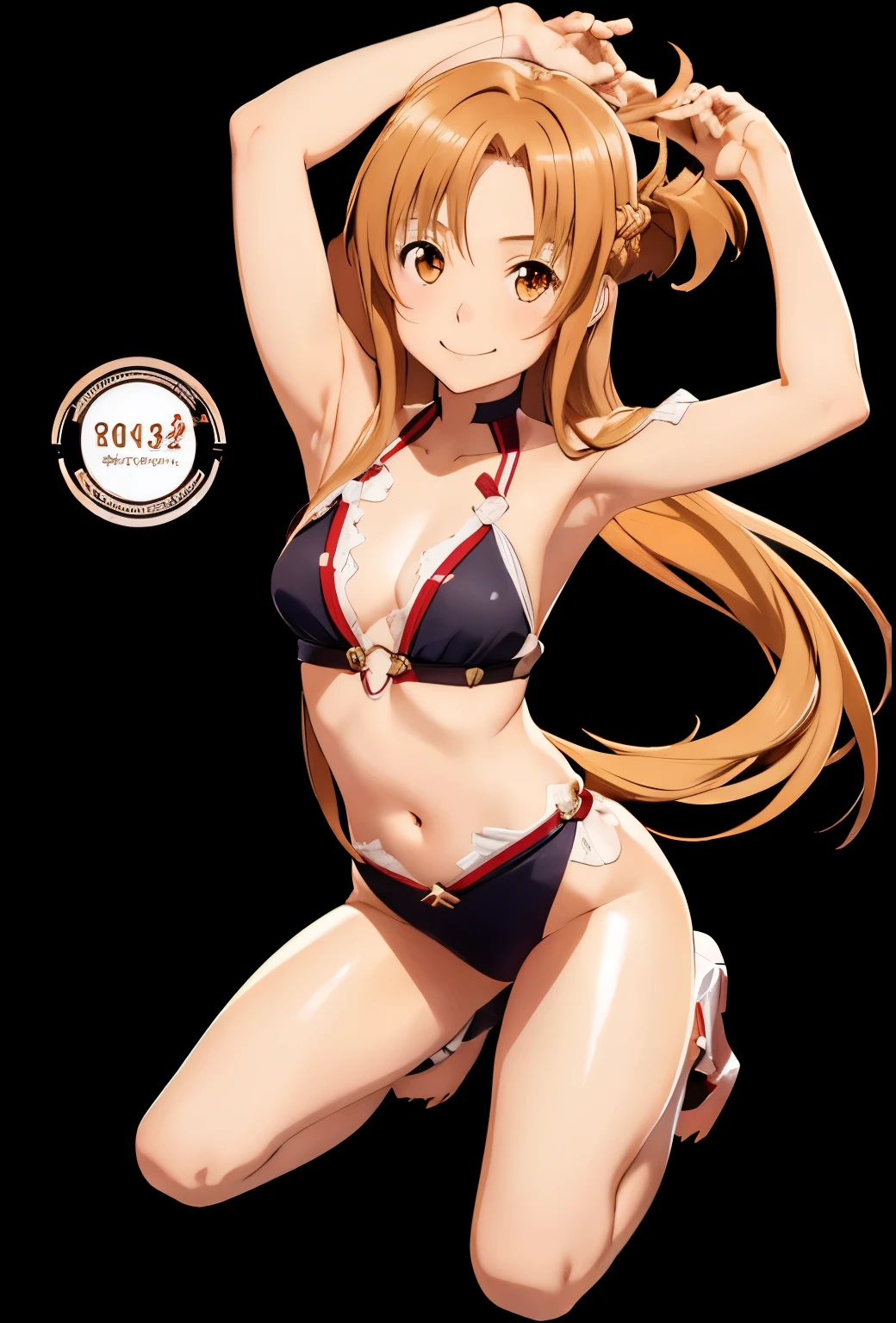 1girl,asuna yuuki,brown eyes,brown hair ,closed mouth,collarbone,medium breasts ,long hair,looking at viewer,navel,lingerie, solo, smiling,very long hair, background,