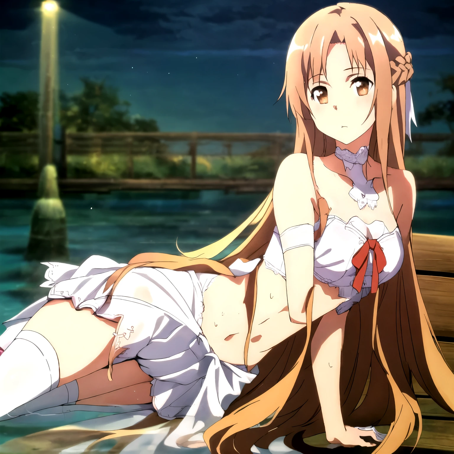 epic realistic, Asuna Yuuki, light brown hair autumn coat, (sitting on a bench:1.1), park, summer, best quality, natural, perfect, raw, intricate, high quality, exposure blend, (natural skin texture, soft light, sharp:1.2), hyperdetailed, (artstation:1), warm lights, dramatic light, (intricate details:1.2), vignette, complex background, medium breasts, long hair,  (half submerged on water),  (1girl), white lace legwear, white panties,  (white lace-trimmed dress), white bra