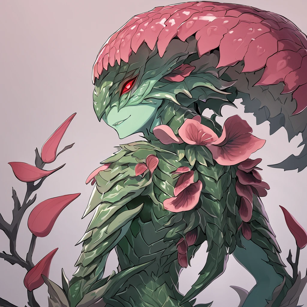 A blue-green skinned Alraune monster girl with a large pink rafflesia flower with jagged leaves on her back with red eyes and dressed in leaf armor

