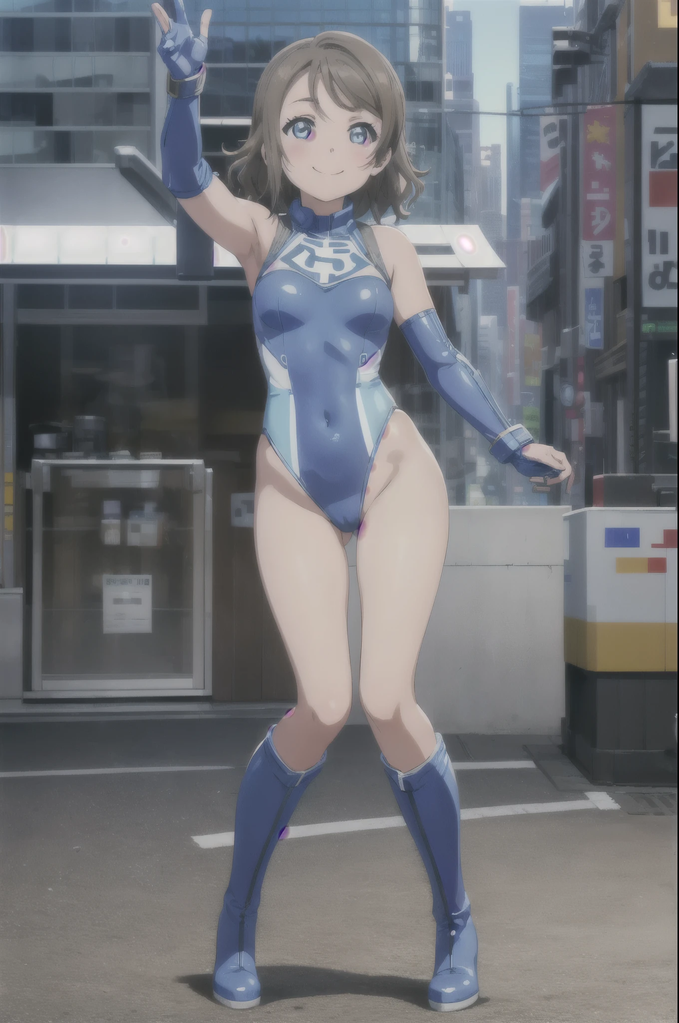 (((pixel-perfect, detail-perfect))), solo, 1girl, you watanabe, superhero, leotard, bare legs, detailed, boots, gloves, hand oh hip, looking at viewer, smile, cowboy shot, full body shot, city backdrop