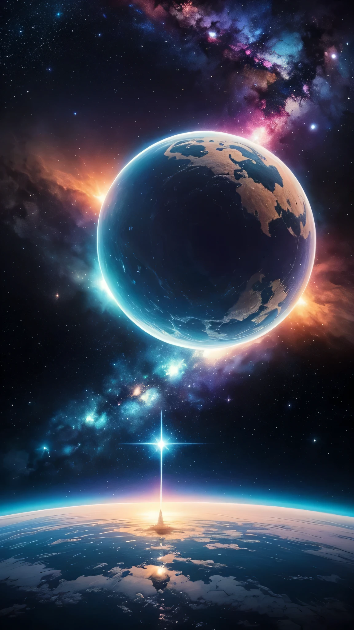 Create a unique painting, inspired by “Celestial Dreams”.,', which combines cosmic images and dreamy landscapes to create a surreal masterpiece, symmetrisch, riesige 2 Monde, Raumschiff, trending on instagram, something alien, Galaxie