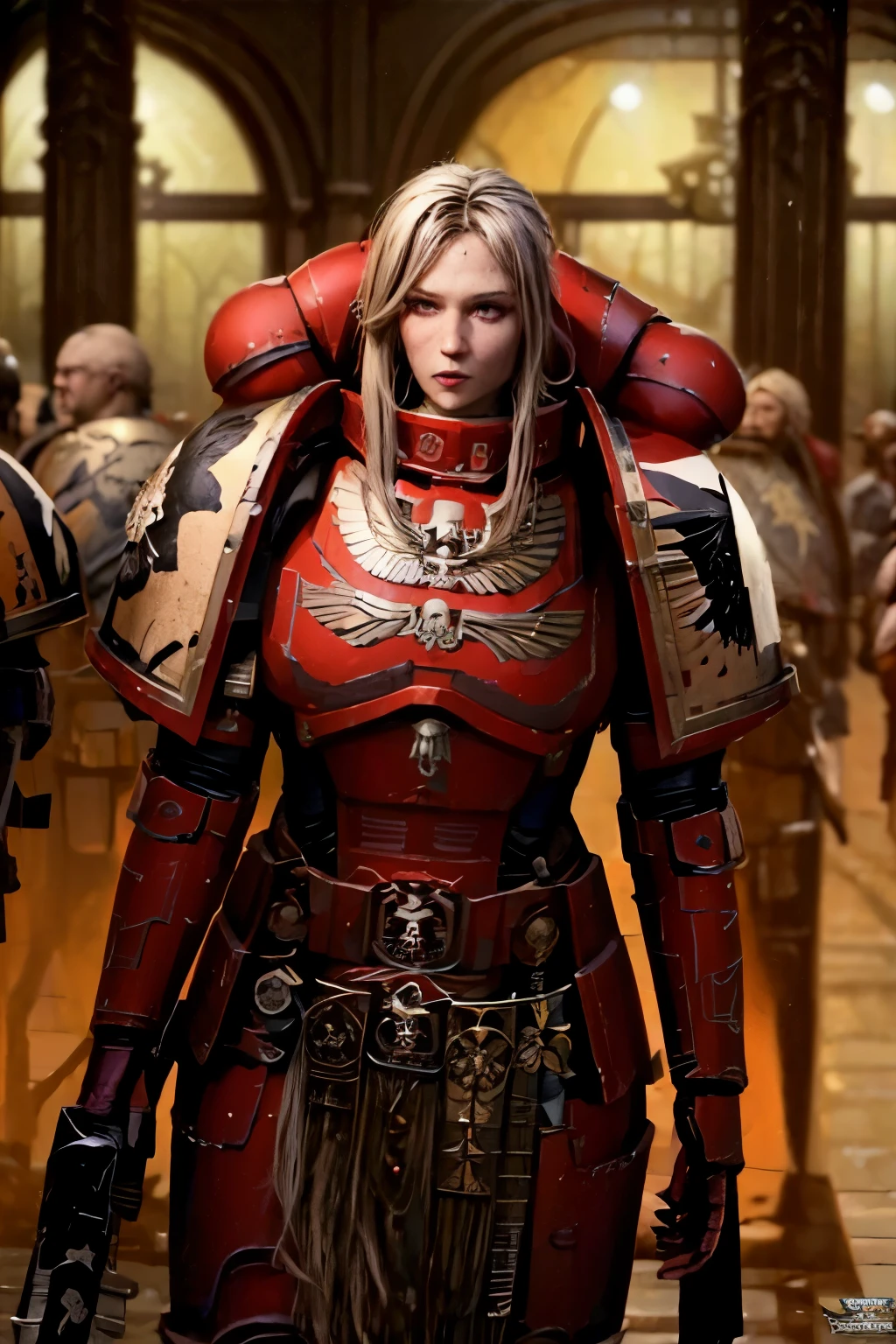 1girl, solo, face, portrait, long hair, blonde hair, glowing eyes, mature, large breasts, red tabard, iron armor, iron breastplate, iron pauldrons, warhammer, warhammer 40k, tech marine, tech priest, Adeptus Mechanicus, Adeptus Sororitas, Warhammer fantasy art, warhammer 40k style, WH40K, w 4 0 k, warhammer art, cleavage,  bikini armor, blushing, looking at the viewer,