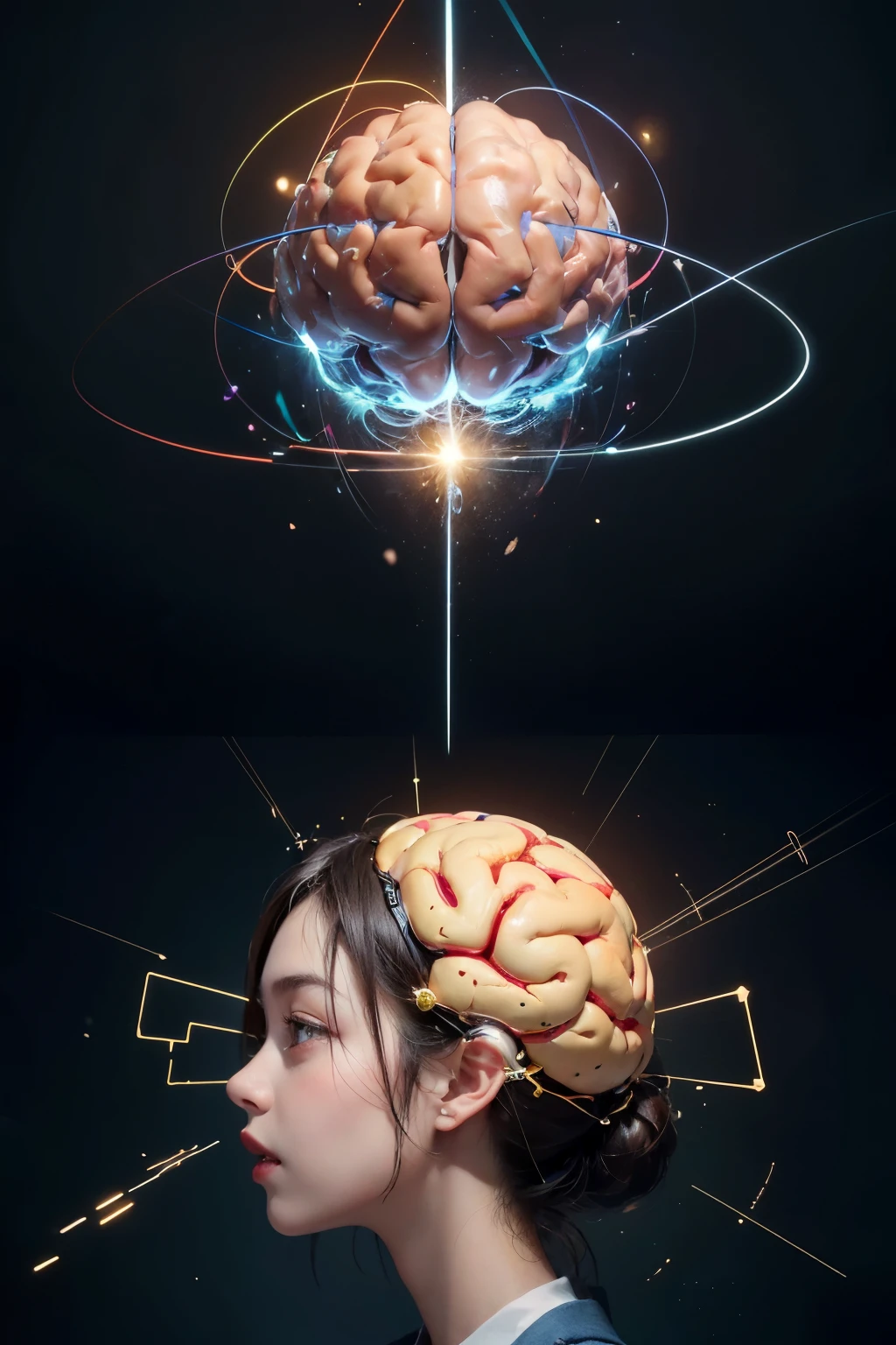 The image is a colorful and vibrant digital illustration depicting a stylized human brain floating in a dynamic, abstract space. The brain is depicted as a complex network of interconnected neurons and synapses, glowing with energy and activity.
Around the brain, there are various elements representing different types of mental exercises and tasks. One corner of the image features logic puzzles, with puzzle pieces fitting together to form intricate patterns. Another corner showcases perception challenges, with optical illusions and geometric shapes twisting and morphing. In another area, there are language tasks represented by floating letters and words, forming sentences that twist and turn in different directions. Finally, mathematical problems are depicted with numbers and equations swirling around in a whirlwind of calculation.
Throughout the image, there are subtle motifs and symbols representing the idea of training and improvement. Paths of light connect different parts of the brain, suggesting the formation of new neural connections through practice. In the background, scientific symbols and equations are faintly visible, hinting at the rigorous research behind the concept of brain training.
Overall, the image is dynamic and engaging, inviting viewers to explore the depths of the human mind and the possibilities of mental training.