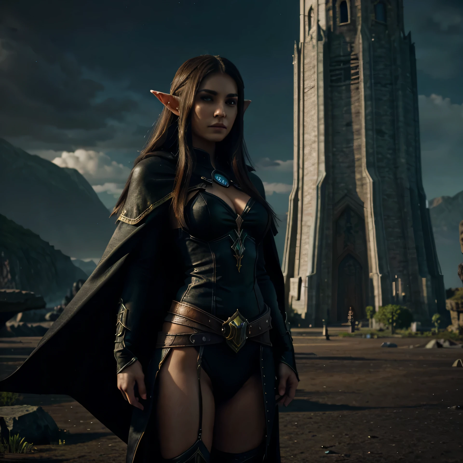 woman, elf type, world of Warcraft game, magical elf, looking at the viewer, black clothing with cape, tower in the background, realistic, HD