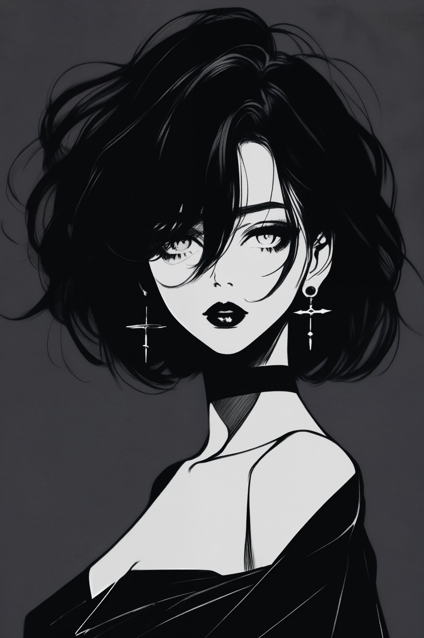 (best quality, sketch:1.2),realistic,illustrator,anime,1 girl, detailed lips, black dress,custom, (background dark monochrome),neon hair,textured cropping, masterpiece, style retro classic, noir dark, art, sketch book, (short hair black:1.75 neon:1.32), bad women , dark monochrome background, dark fantasy 