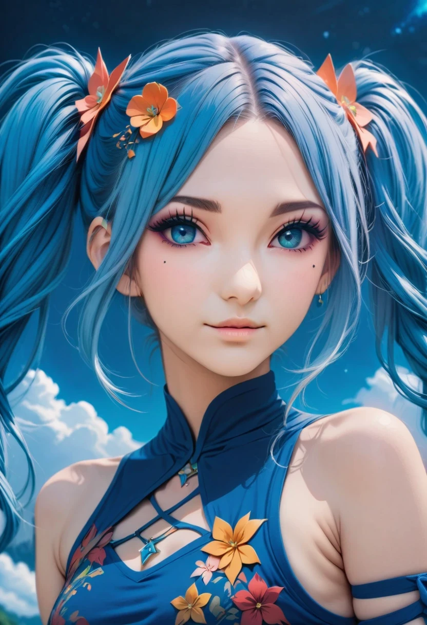 (best quality,4k,highres,ultra-detailed,masterpiece:1.2),vivid colors,anime,portrait,Aisha Hanabi,blue hair,side pigtails,mole under eye,flat chested,stunning,flower printed tight dress,magical starry sky,clouds,origami,extended