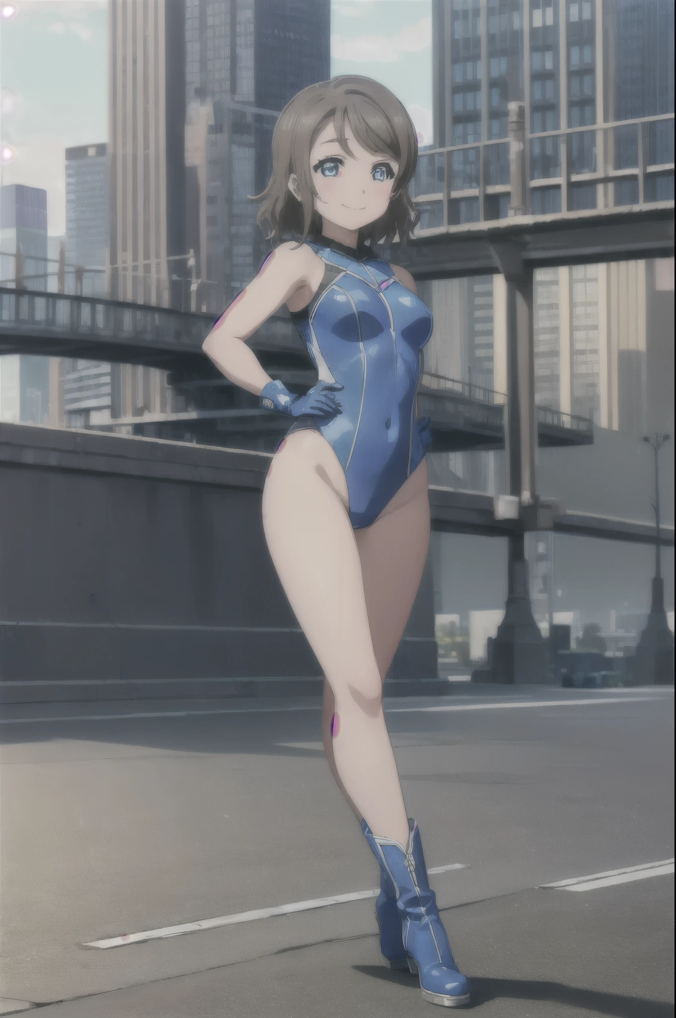 (((masterpiece, high quality, detail-perfect))), solo, 1girl, you watanabe, superhero, leotard, bare legs, detailed, boots, gloves, hand oh hip, looking at viewer, smile, cowboy shot, full body shot, city backdrop