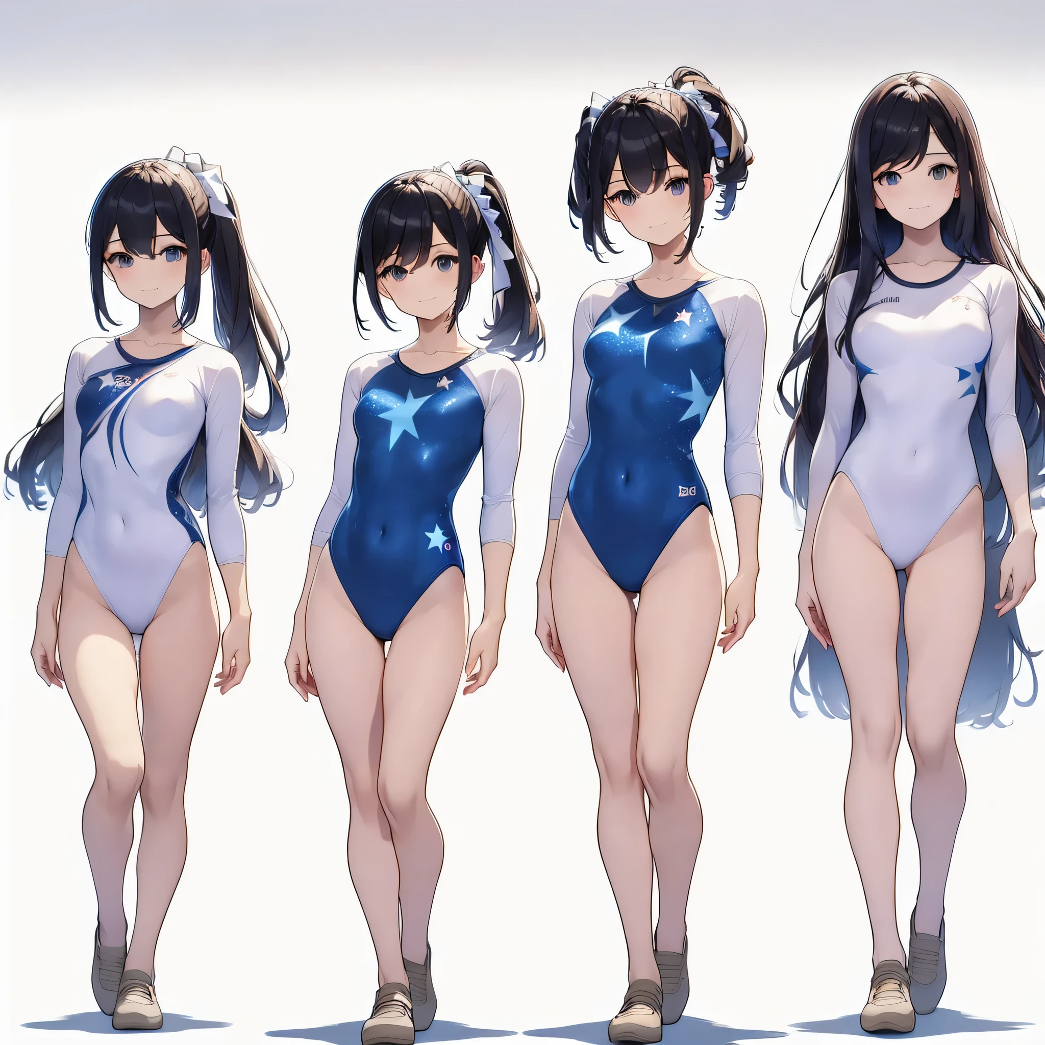 ((full body)),(masterpiece, best quality), (3 girls1.5) ,((Contrapposto:1.5)), looking at viewer, walking,((v_arms:1.2)), wearing gymnastics_longsleeves_leotard_outfit leotard:1.3),(blue leotard) ,(stars print:1.3), BREAK masterpiece black hair, ((long hair:1.2)), ((parted bangs:1.3)), black eyes, good hand, ((small breasts)), (over 20 years old, under 25 years old:1.2), , spotlight, happy, smile, BREAK in the class room