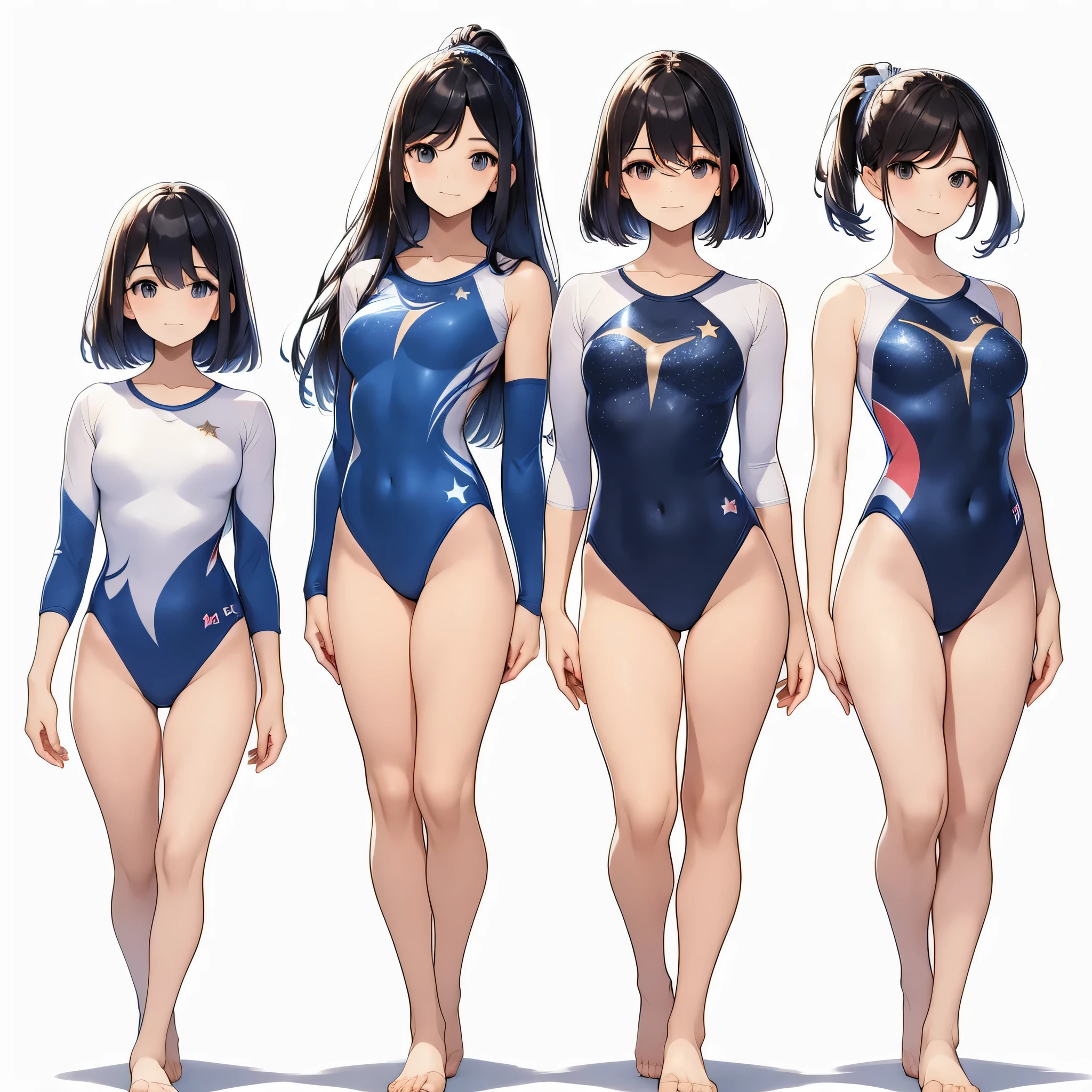 ((full body)),(masterpiece, best quality), (3 girls1.5) ,((Contrapposto:1.5)), looking at viewer, walking,((v_arms:1.2)), wearing gymnastics_longsleeves_leotard_outfit leotard:1.3),(blue leotard) ,(stars print:1.3), BREAK masterpiece black hair, ((long hair:1.2)), ((parted bangs:1.3)), black eyes, good hand, ((small breasts)), (over 20 years old, under 25 years old:1.2), , spotlight, happy, smile, BREAK in the class room