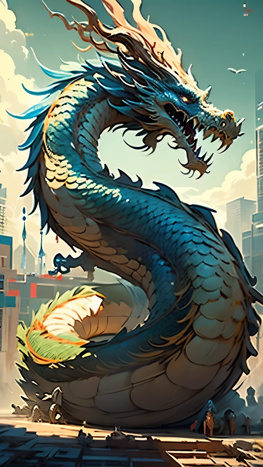 The blue and red chinese dragon,(sasuke(boy) manipulates dragons:1.3),(The sasukel has her back to the camera:1.3),Sky clouds surround the surroundings,Light magic,Fantastic background,Meaning background,Ridiculous background,There are artistic overlayulticolored hair, surrealism, Cinematic lighting, Ray tracing, god light, speed-line, angle of view, hyper HD, Masterpiece, Best quality, Super detail, A high resolution, High quality,(Far view:1.3)