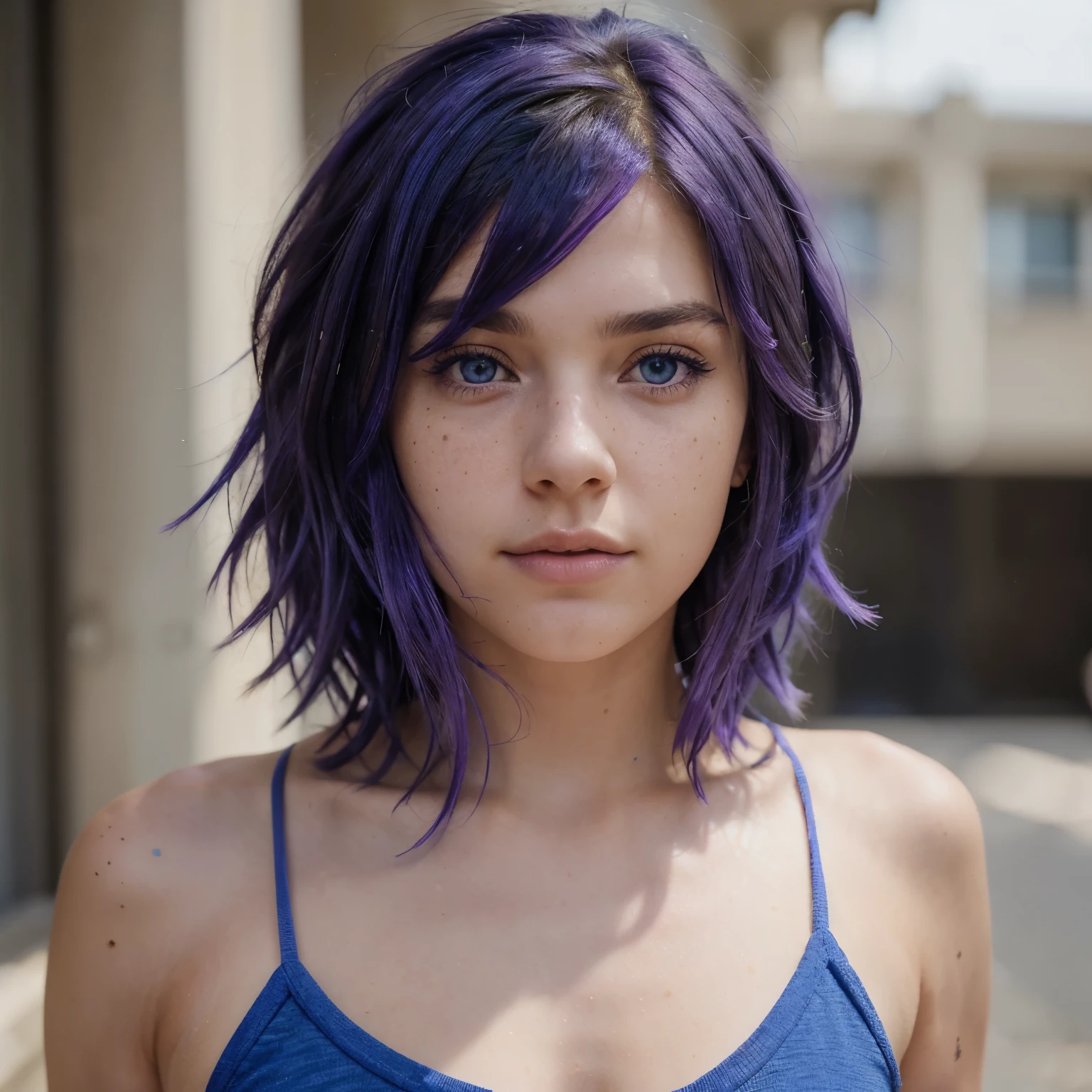 <lora:aratama_v2:0.9>, aratama, 1girl, solo, purple hair, realistic photo of a woman, grey tanktop, surprised expression, headshot, low angle, diagonal view