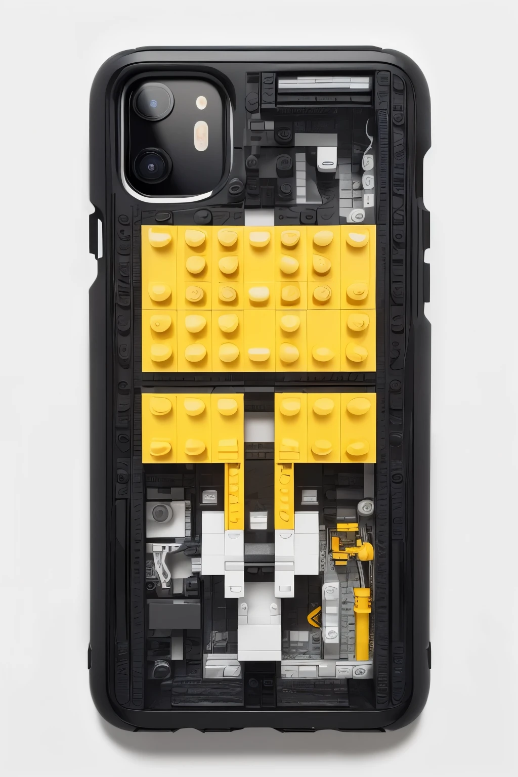 A captivating phone case, showcasing the internal structure of a mobile phone, crafted from white and yellow Lego material and the renowned LEGO joint brand. The smooth arc lines border the sleek design, infusing an air of minimalism and futurism. Viewed from above against a pure white background, this masterpiece boasts intricate details, perfectly embodying the essence of sophisticated technology and creative construction. (top-quality, 8K picture quality, masterpiece: 1.5), (ultra-detailed, Caustics, minimalistic design), (photorealistic capture, realistic Lego textures, perfect anatomical representation), (high resolution, clean background