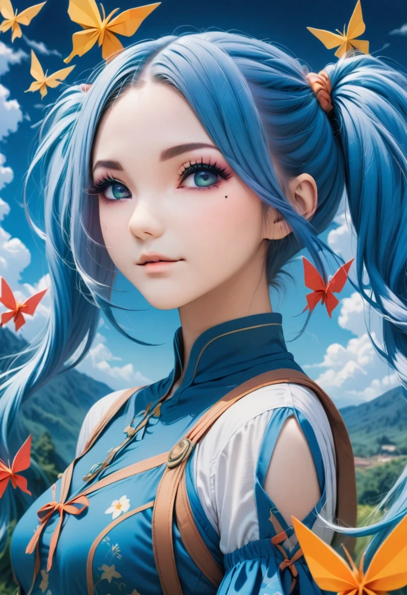 (best quality,4k,highres,ultra-detailed,masterpiece:1.2),vivid colors,anime,portrait,Aisha Hanabi,blue hair,side pigtails,mole under eye,flat chested,stunning,flower printed tight dress,magical starry sky,clouds,origami,extended