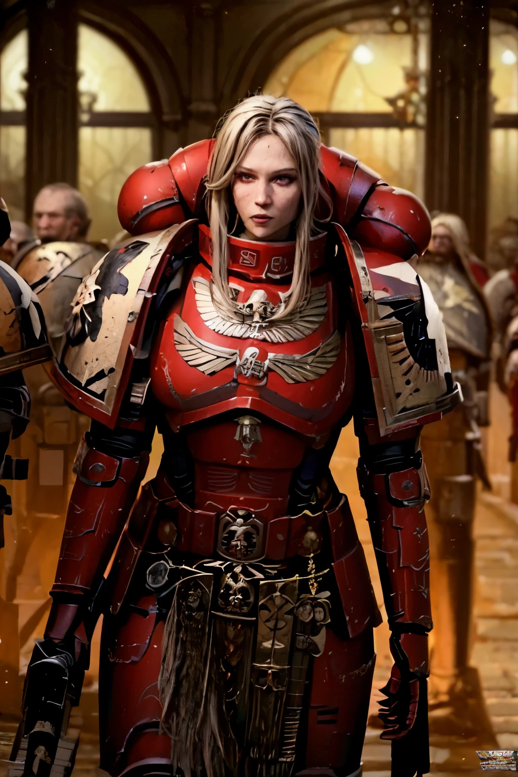 1girl, solo, face, scarred face, scar,  portrait, long hair, blonde hair, glowing eyes, mature, large breasts, red tabard, iron armor, iron breastplate, iron pauldrons, warhammer, warhammer 40k, tech marine, tech priest, Adeptus Sororitas, Warhammer fantasy art, warhammer 40k style, WH40K, w 4 0 k, warhammer art, cleavage,  bikini armor, blushing, looking at the viewer,