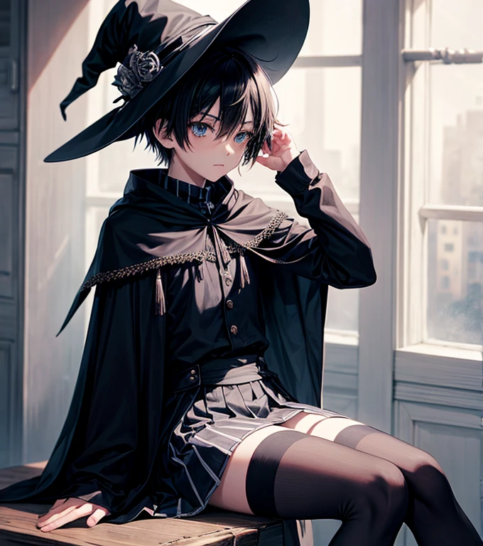 1boy, sitting, skirt, striped stockings, witch, emo, cloak, hat