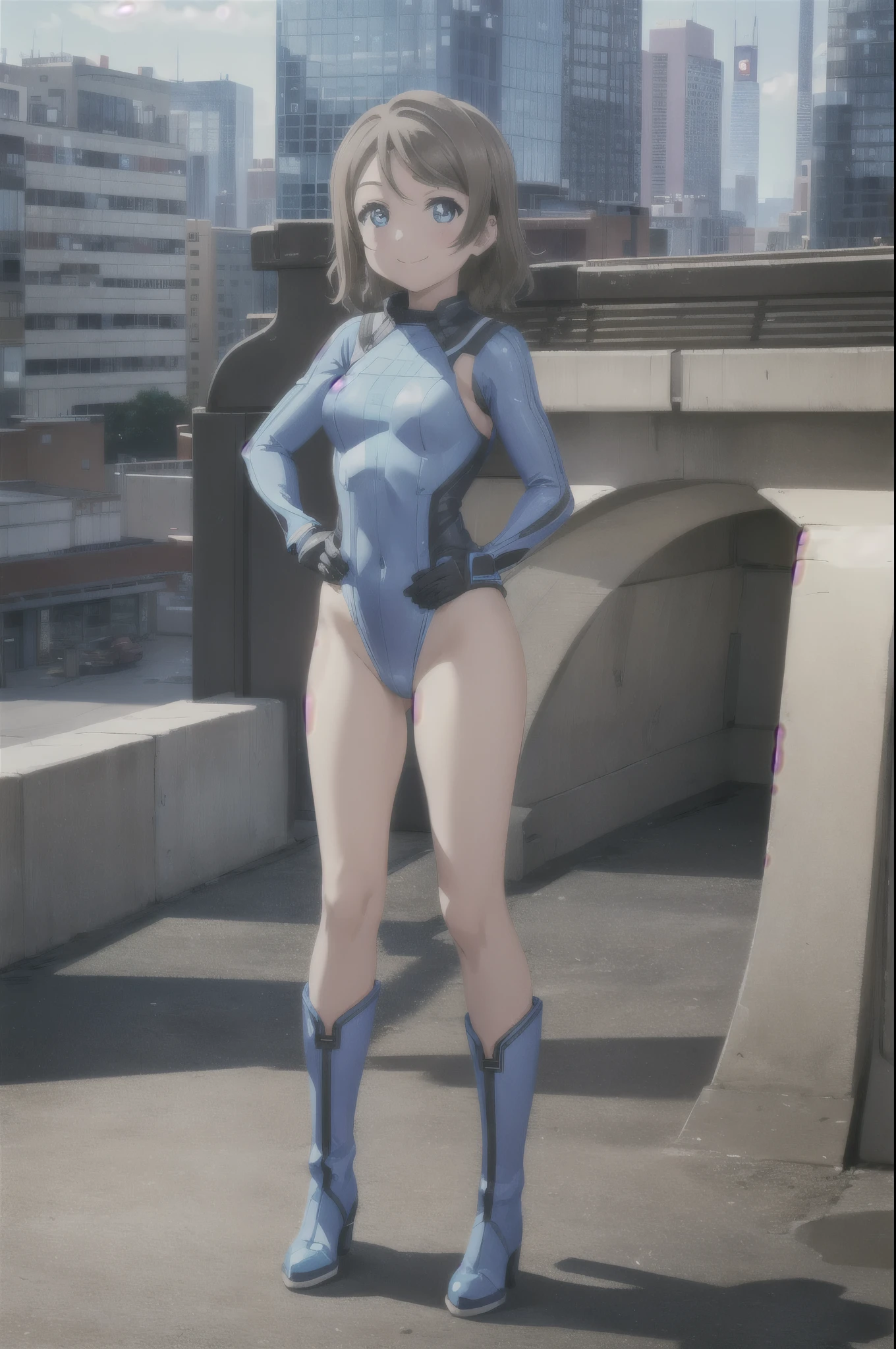 (((pixel-perfect, detail-perfect))), solo, 1girl, you watanabe, superhero, leotard, bare legs, detailed, boots, gloves, hand oh hip, looking at viewer, smile, cowboy shot, full body shot, city backdrop