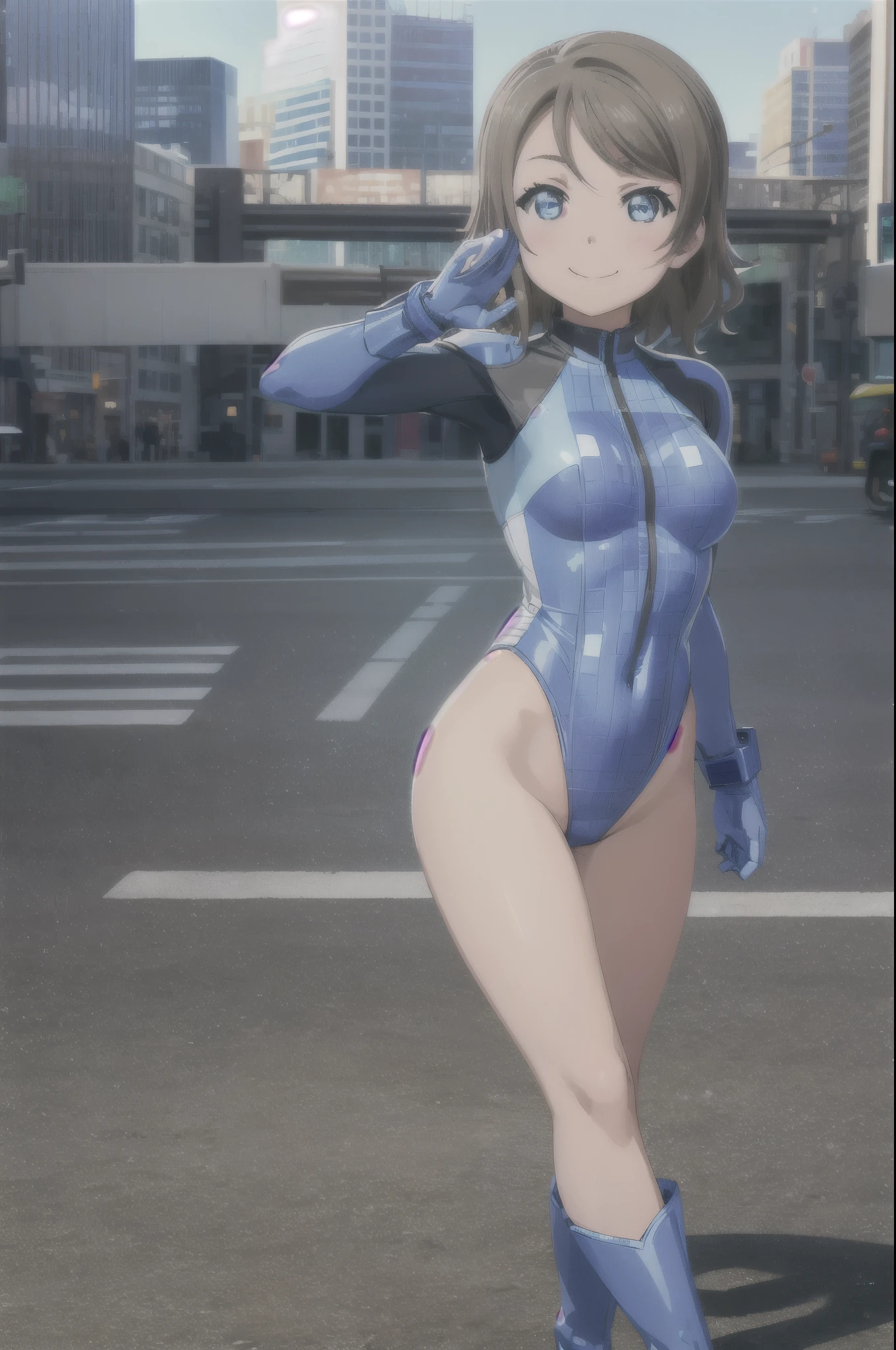 (((pixel-perfect, detail-perfect))), solo, 1girl, you watanabe, superhero, leotard, bare legs, detailed, boots, gloves, hand oh hip, looking at viewer, smile, cowboy shot, full body shot, city backdrop