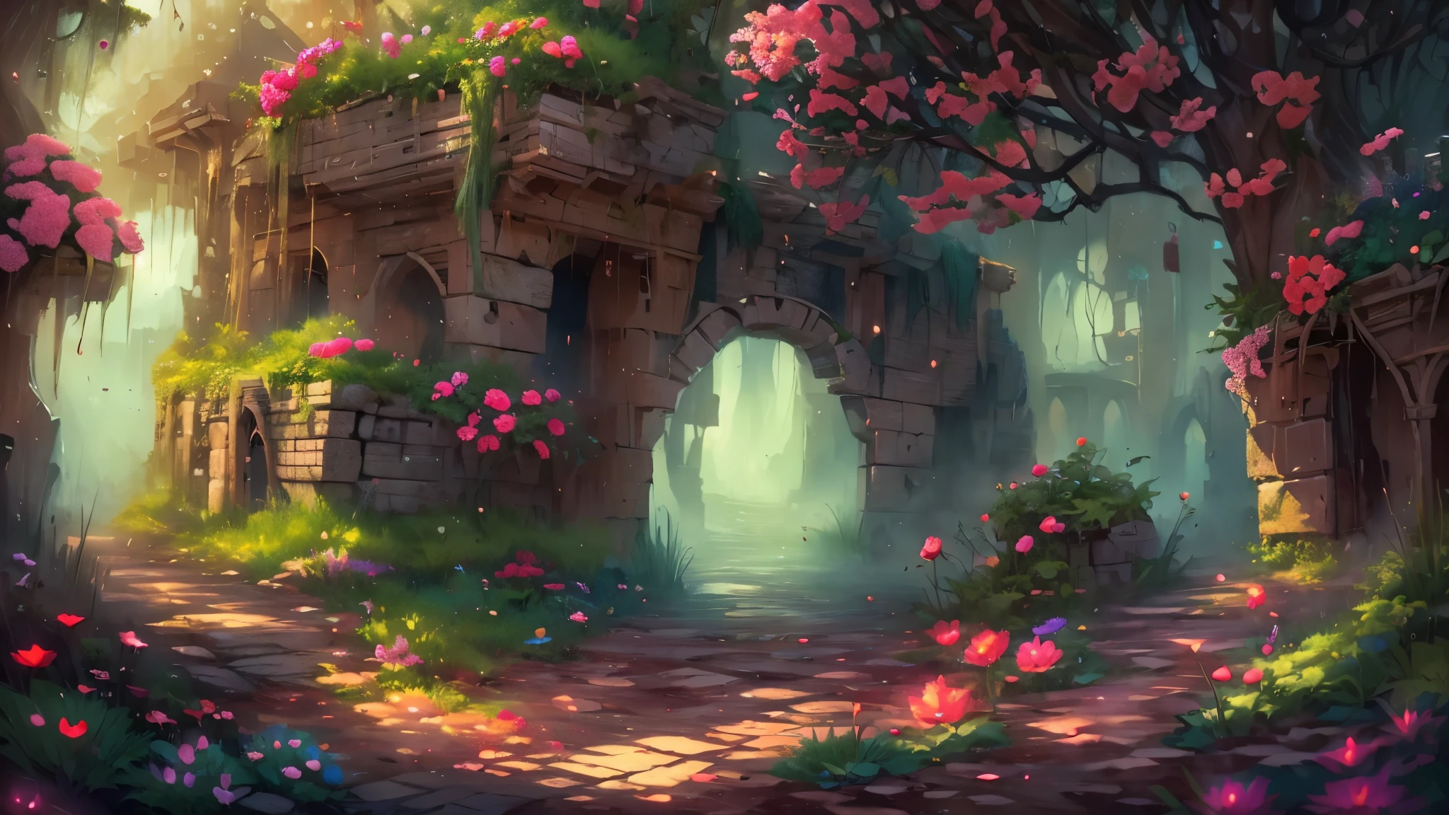 Masterpiece, best quality, 8k, panoramic view, ancient ruins, shadows of gnome houses and decaying paintings, witnesses of once great wealth, colorful flora and fauna, ethereal atmosphere, ethereal light, whispering trees, magical whispers, harmony of nature, ethereal magic,