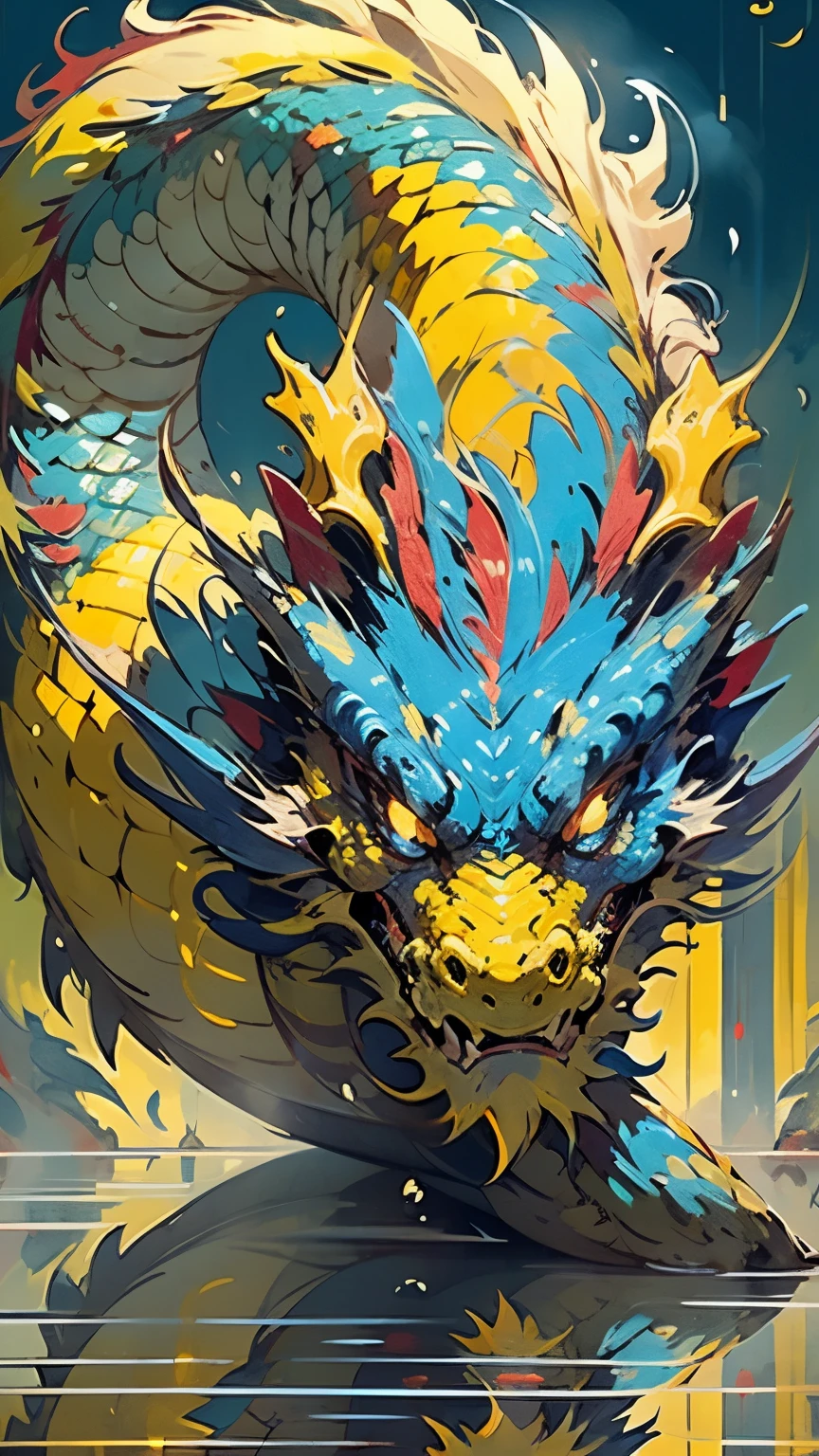 dragon rouge, reflet jaune, bleu , red on the scales. debout, tiens une lance, animal seulement, ailes, moustaches, dragon chinois, yeux jaunes reflets bleu