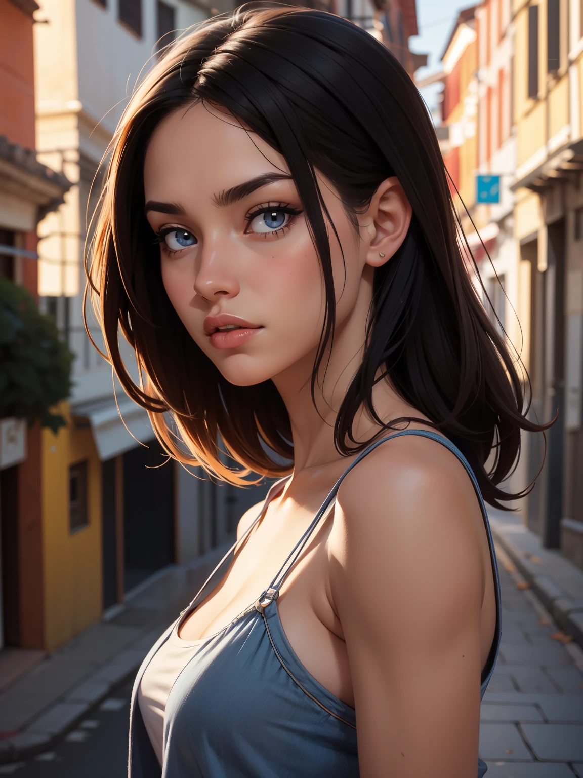 (((HD photo))), ultra high res.photorealistic:. 1.4, UHD, masterpiece, trending on artstation, closeup, frontal shot, portrait pretty, cute girl, most beautiful in the world, soft, delicate, long dark hair, large breasts, wearing jumper, sunkissed, minimal night background