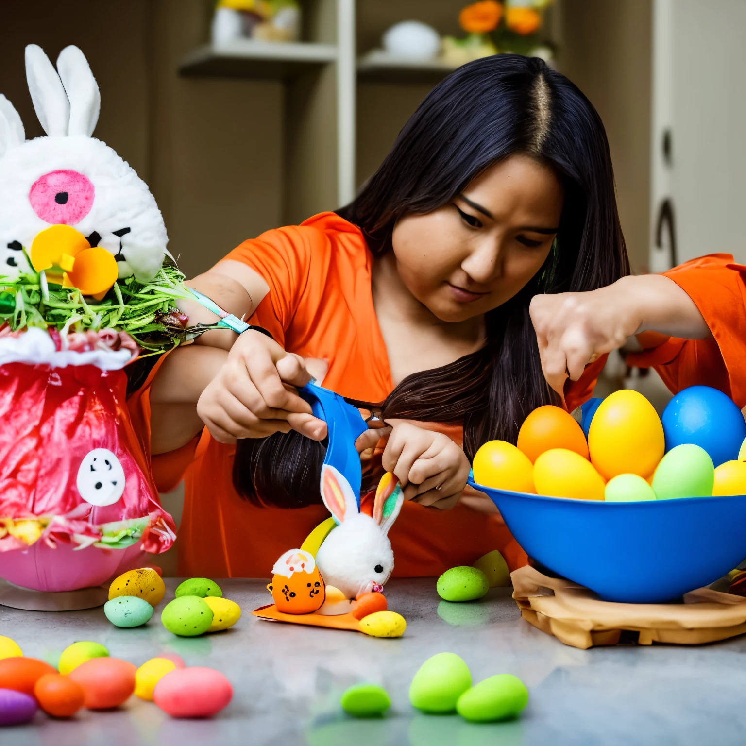 Asian, big eyes, orange ginger, making easter egg, using bunny wears and a brasil shirt