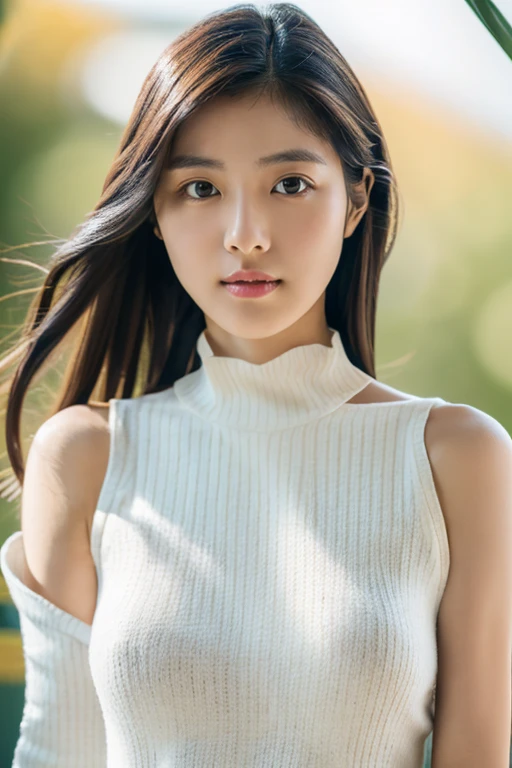 masterpiece, highest quality, Photoreal, Super detailed, finely, High resolution, 8k wallpaper, Professional, Advanced level of detail, 1 girl, thin japanese woman, ((facing and body the front)), detailed clavicle, perfect face, straight hair, (white boat neck sweater:1.5)、(hair falls over left shoulder:1.5)、pose for a full body shot