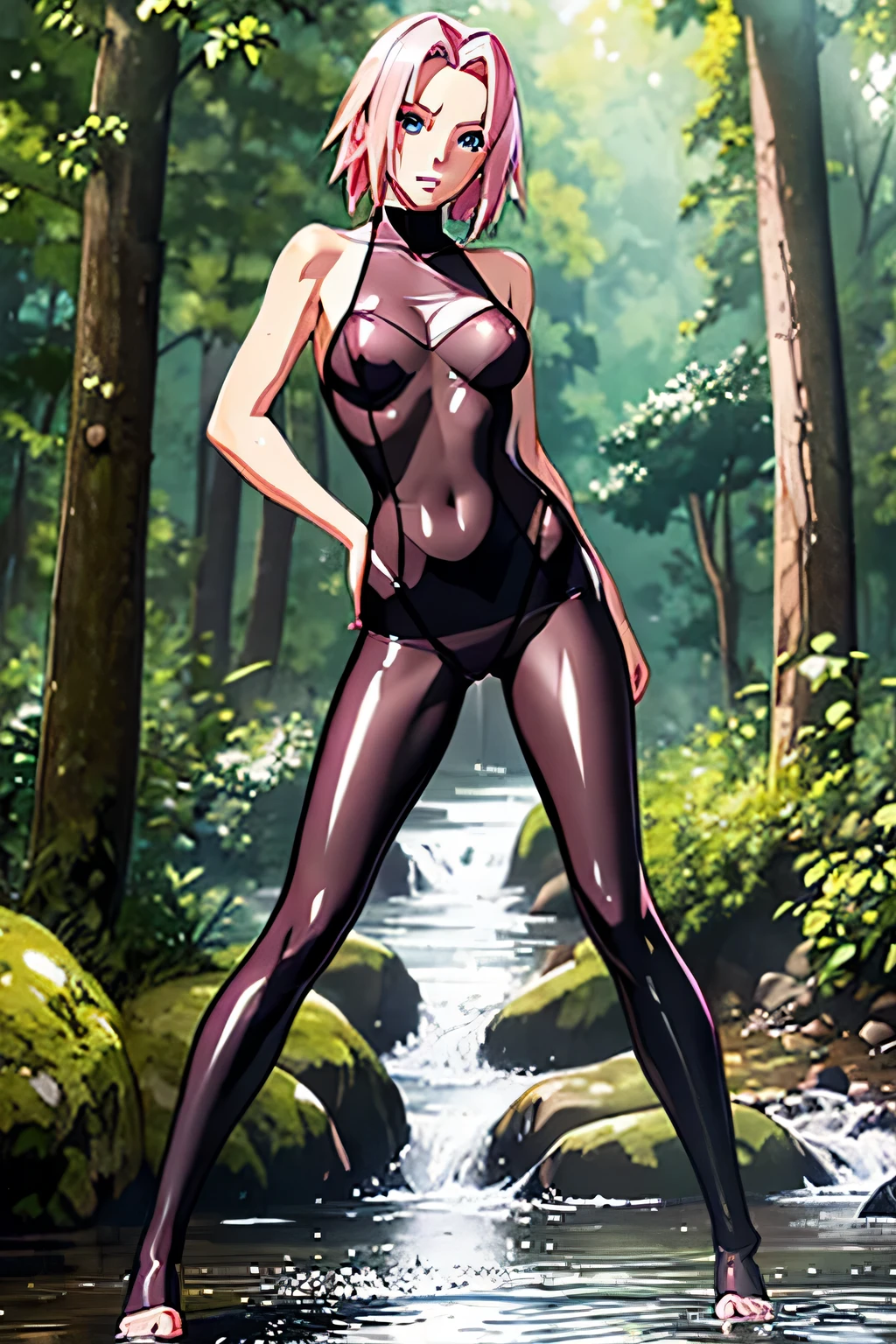 (masterpiece), best quality, expressive eyes, perfect face, nylon, pantyhose, shiny, glossy, transparent clothes, see through lingerie, naked, nude, spread legs, feet, sakura haruno, pink hair, nippel, wet, standing, nylon covered, nylon catsuit