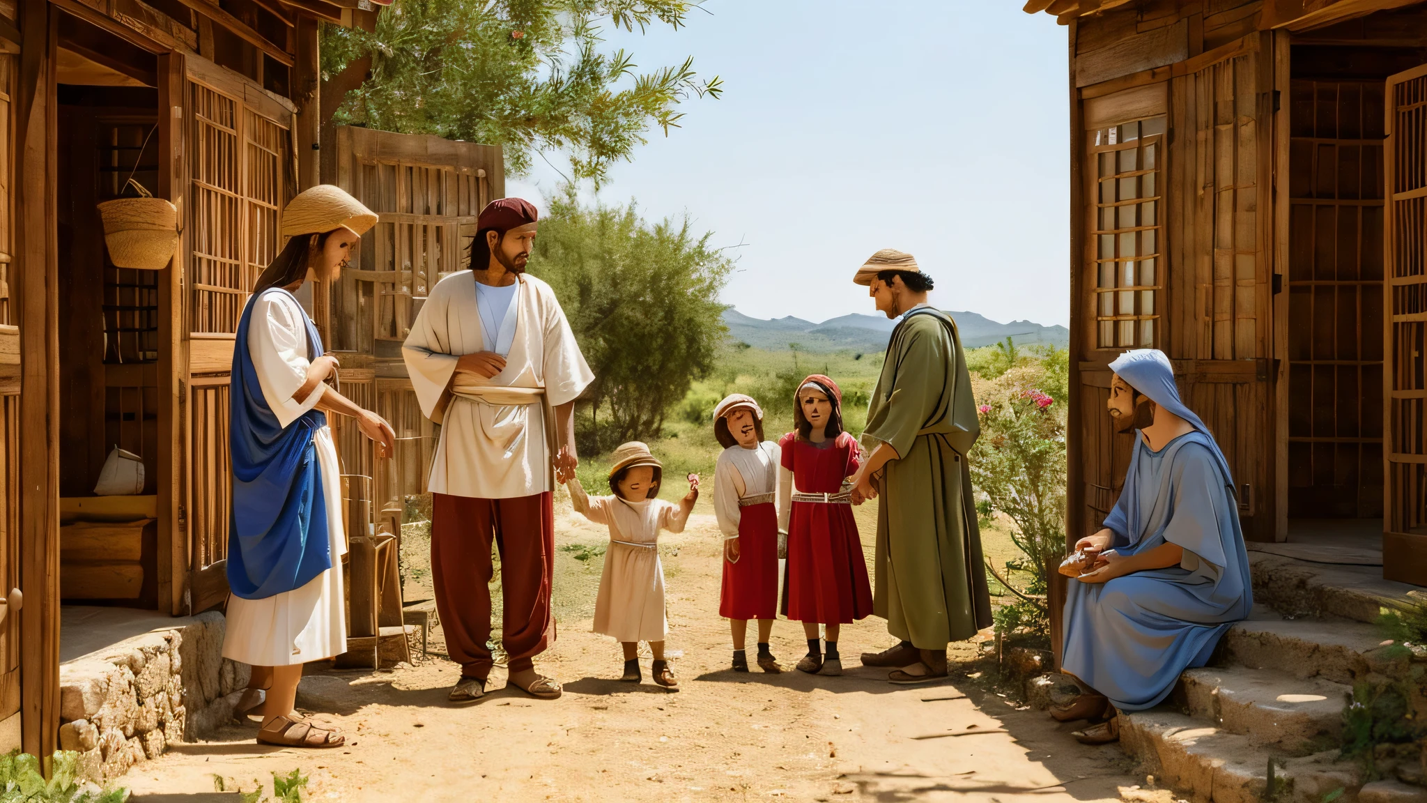Hebrew families of the years of Moses, esclavos, pobres, comiendo en platos de madera, vasos de madera, todo rustico, viejo, y desgastado, ropa desgastada y vieja, paredes un poco sucias, poca verduras sobre la mesa, small rosemary leaves, clothing according to biblical times 
