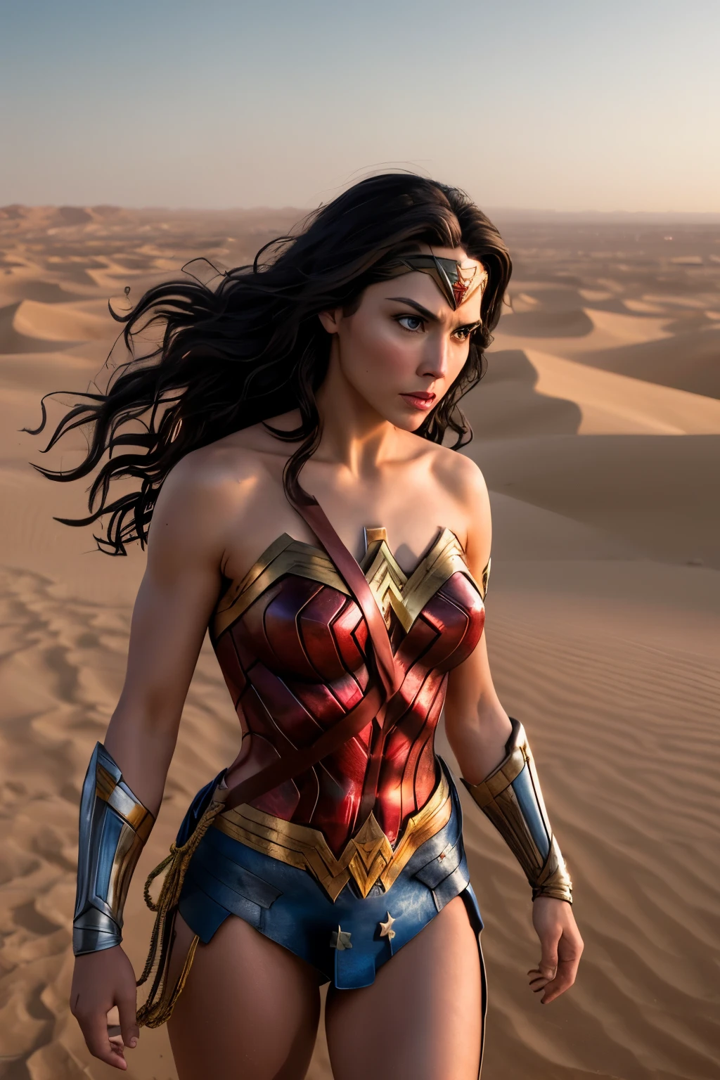 Title: "Bound by Strength: Wonder Woman's Trials in the Arabian Desert"

In this awe-inspiring, hyper-realistic masterpiece, Wonder Woman is depicted in ultra-high definition, her formidable figure confined by intricately detailed chains, suspended in mid-air against the backdrop of a modern, behind-construction villa nestled amidst the vast, untouched Arabian desert. The cinematic landscape, evocative of Zack Snyder's films, envelops the scene with a gritty and intense atmosphere; the golden afternoon sunlight filtering through the desert sands casting long shadows.

Wonder Woman's face