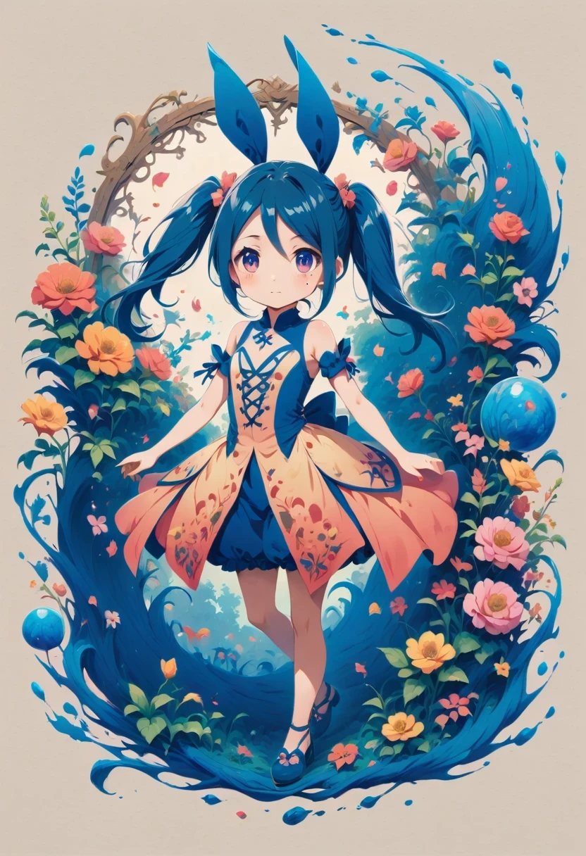 Aisha Hanabi, blue hair, side pigtails, mole under eye, flat chested, anime style, stunning flower printed tight dress, full body view,