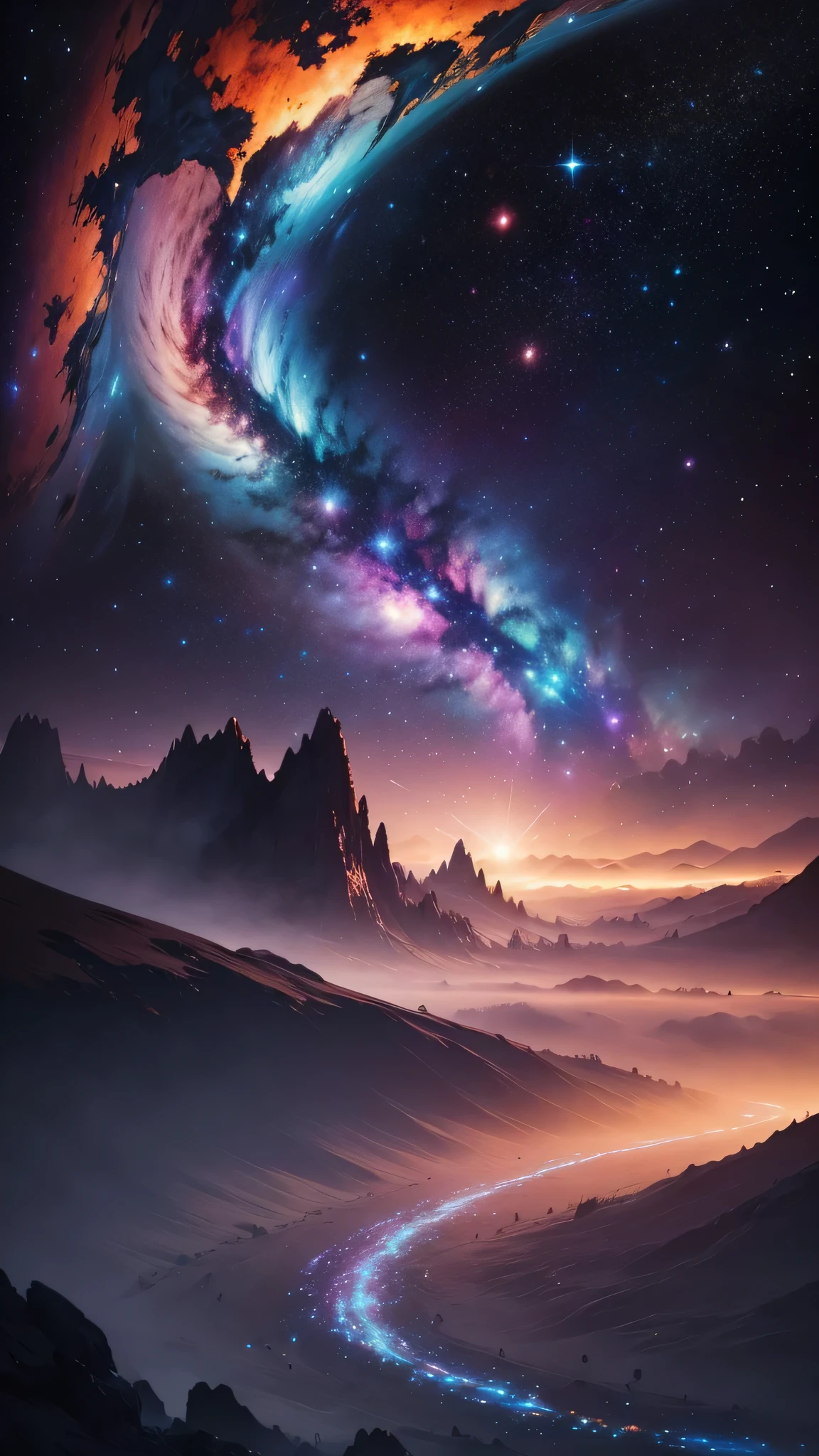 Universum, Planeten, Raum, Technologie, Nebel, Milky Ways, Sterne, unique painting, inspired by “Celestial Dreams”.,', which combines cosmic images and dreamy landscapes to create a surreal masterpiece,