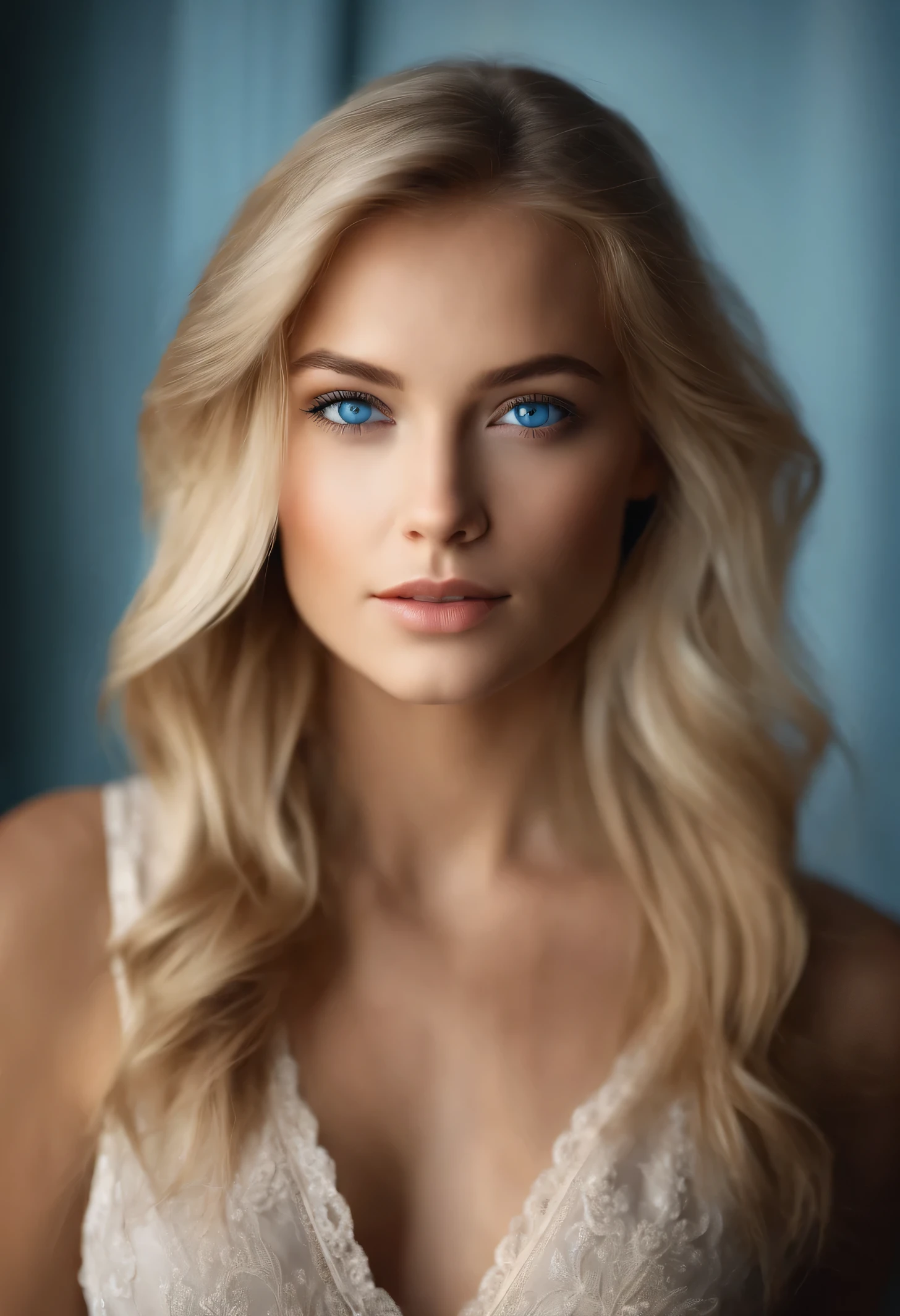 close up portrait photograph, young beautiful woman, blonde, blue eyes