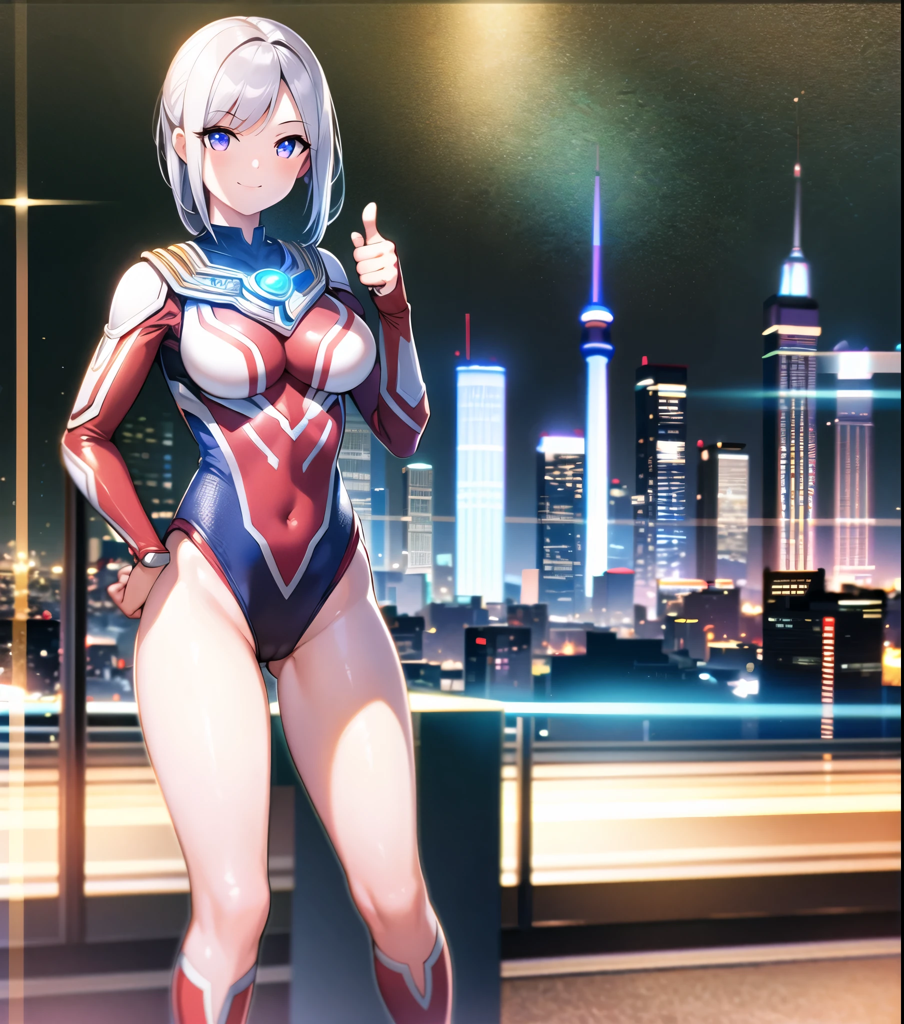 extremely detailed CG unreal engine 8k, best quality, (detailed fingers, detailed hands, detailed face), all intricate, 1girl, beautiful detailed girl, (ultragirl :1.0), ultraman bodysuit, leotard, bare legs, upper body, smile, thumbs up, stylish posing, hand on hip, standing, detailed buildings behind, outside