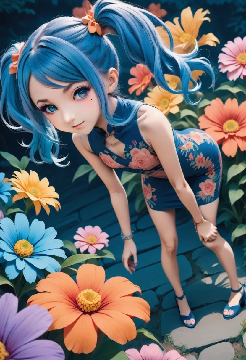 Aisha Hanabi, blue hair, side pigtails, mole under eye, flat chested, anime style, stunning flower printed tight dress, full body view, bent over,