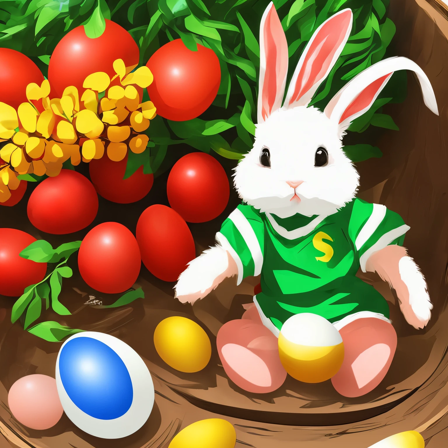 Anime style, painting, illustration, ginger, asian, medium hair, skinny, making ONE easter egg, using a brazil shirt, using bunny ears, 2d art style, large clothes