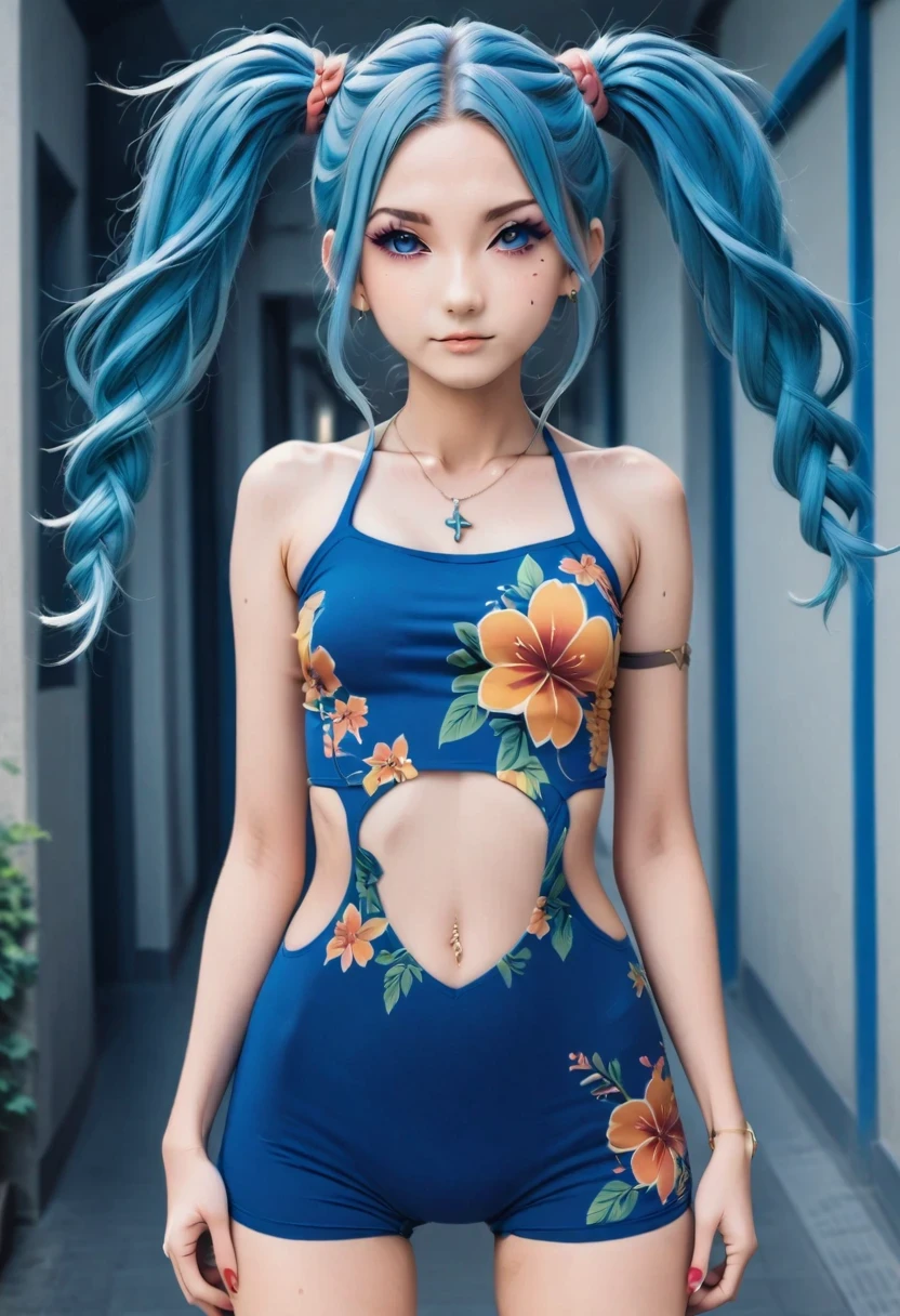 Aisha Hanabi, blue hair, side pigtails, mole under eye, flat chested, anime style, stunning flower printed tight dress,