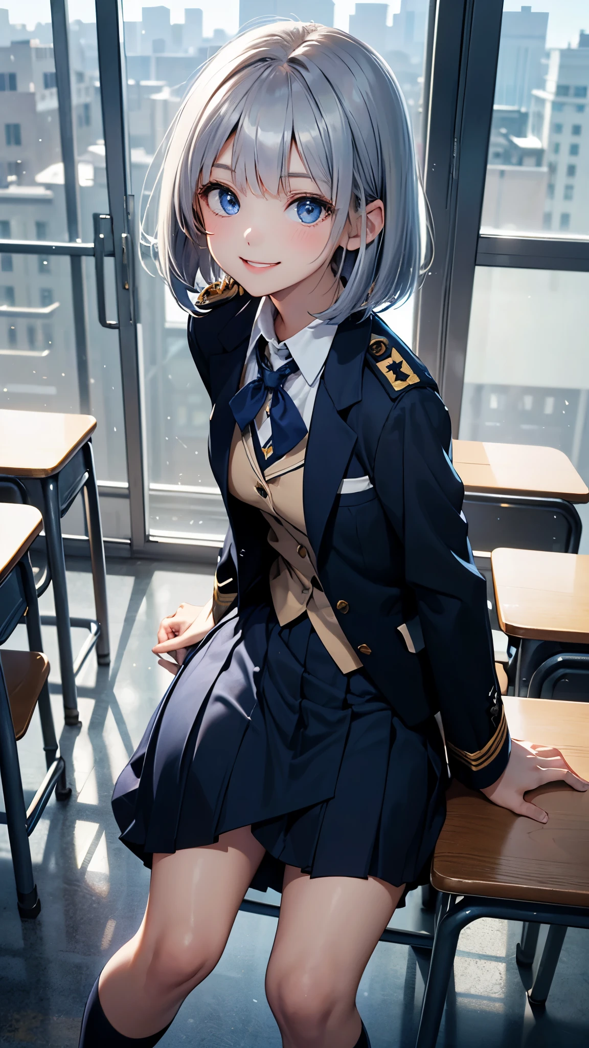masterpiece、highest quality、1 girl、、silver hair、bob cut、bangs、(attractive high school girl)、(smile)、(high school girl uniform)、((Navy blazer type uniform))、tie、classroom、blue eyes、sparkling eyes、small bust、(from knees to head)、((turn around))、(transparent)、(pure)、aerial perspective、