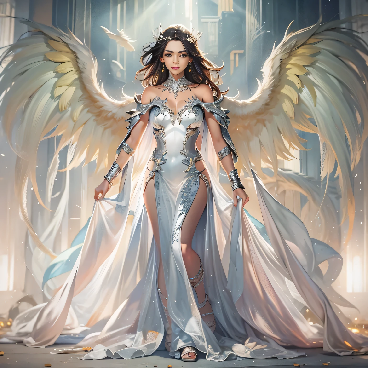 Beautiful woman in very long translucent satin dress andwith angel wings