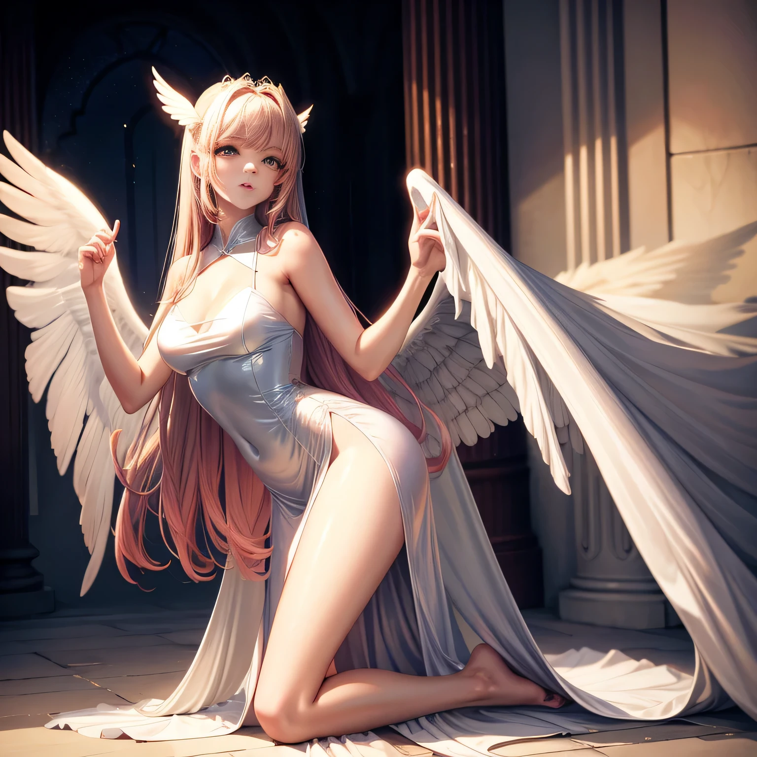 Beautiful woman in very long translucent satin dress andwith angel wings