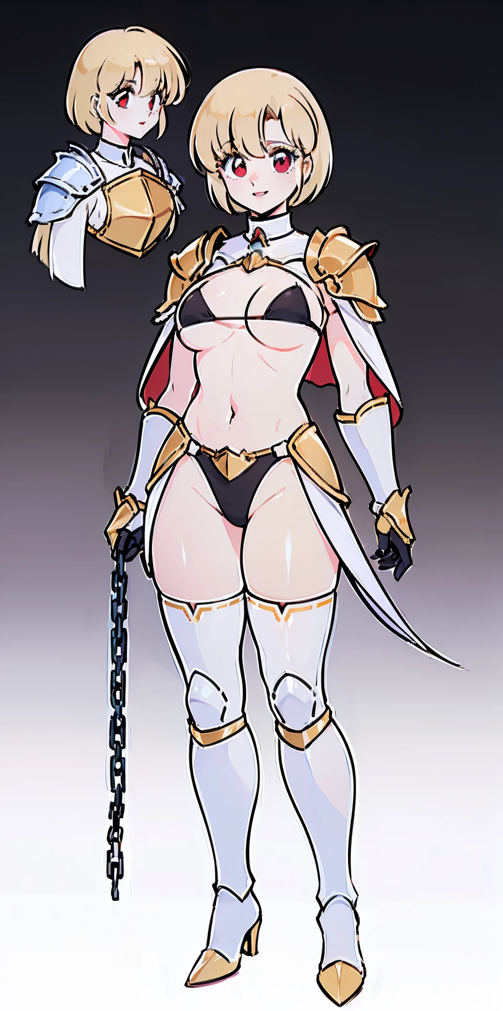 Masterpiece, (flat black background:1.2) solo, detailed face, intricate iris, thick lips, robot girl, (gold and white skin), realistic illustration of a (cyborg girl),(RED eyes),IvoryGoldAI,(freckles),(holding BREATHTAKING:1.2), (gold and white armor:1.2), (looking at viewer:1.2),parted lips, standing straight symmetrical, looking at viewer, lustful smirking smile face red blushed red cheeks, thick thighs, thighhighs, thigh, boots, armor, armored boots, full body armor, bikini armor, big breastplate, pauldron, bracers, leather black choker, tiger claws gloves, short bob white haircut, helmeted, metal shoulders, red long loincloth, longest blue cape reach to the waist, shackles and chains wristbands