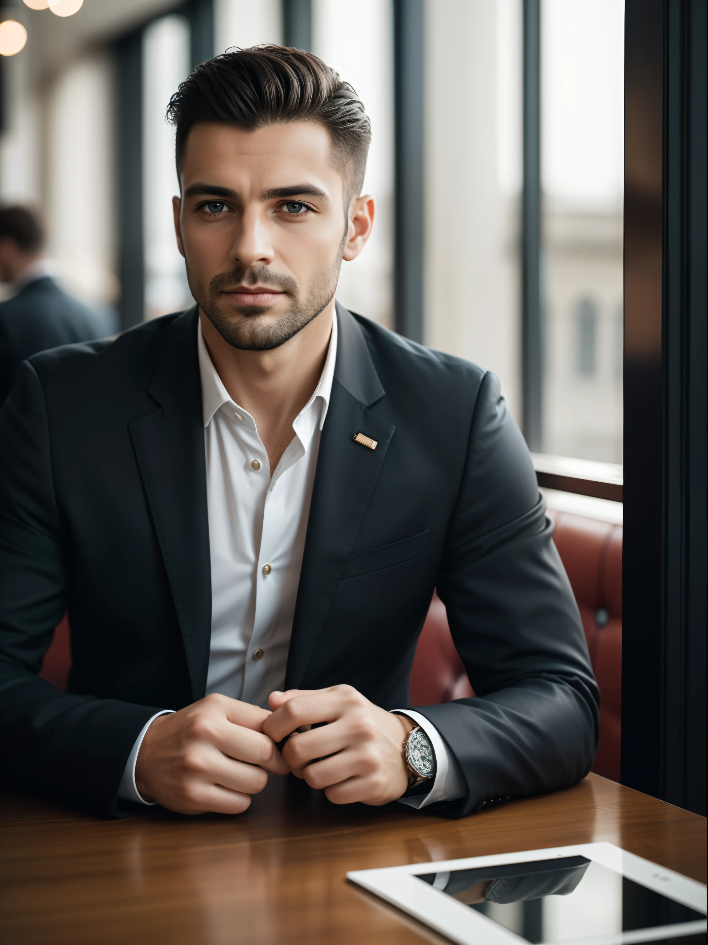 A professional photo image of a handsome businessman., usar un traje oscuro sofisticado, looking directly at the camera, todo el cuerpo, in a coffee, destacando su rostro expresivo y elegancia, muy detallado, elegant, DSLR, canon, pinterest, art station, liso, sharp focus, 8K,plano completo, Lente de retrato de 105 mm,