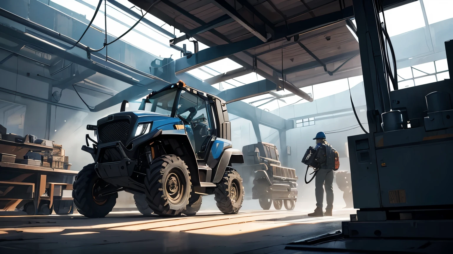 Generate an image from the perspective of an operator in a mechanical workshop. The operator's hand is at the center of the image, with the viewpoint facing downward as they firmly hold an industrial remote control. Surrounding the hand are the details of the mechanical workshop, with various machinery and equipment arranged nearby. The environment is illuminated by artificial lights, creating shadows and reflections on the surrounding machinery. The scene conveys a sense of control and power, with the operator ready to direct operations with the remote control in their hands, while the mechanical workshop bustles with activity and noise.