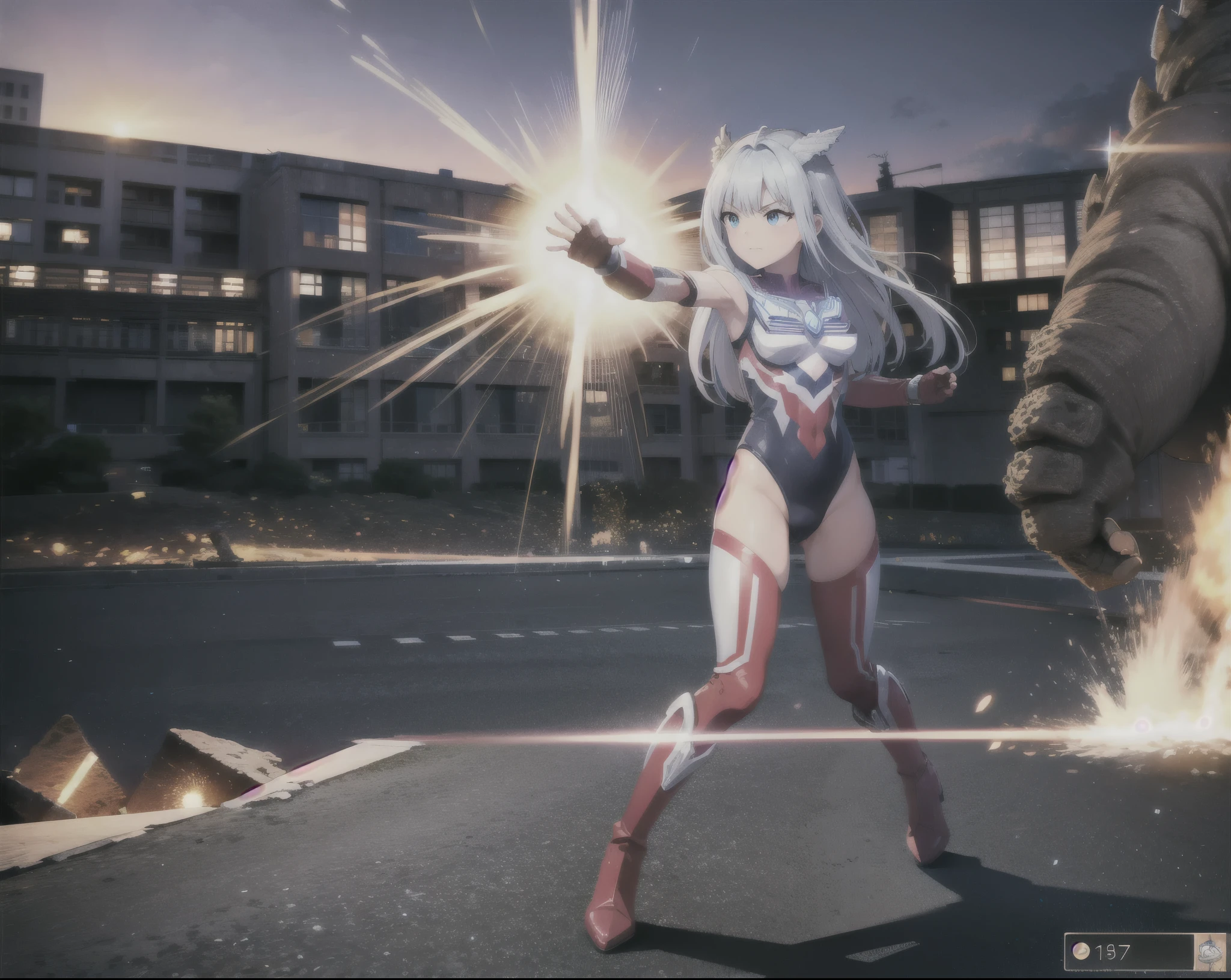 extremely detailed CG unreal engine 8k, best quality, (detailed fingers, detailed hands, detailed face), all intricate, beautiful detailed 1girl, (ultragirl :1.0), ultraman bodysuit, leotard, bare legs, boots, GTS, full body, (angry, serious), fighting stance, full body, standing, facing monster, detailed damaged buildings behind, outside,
(Godzilla attacking), monster, battle with monster, looking at girl