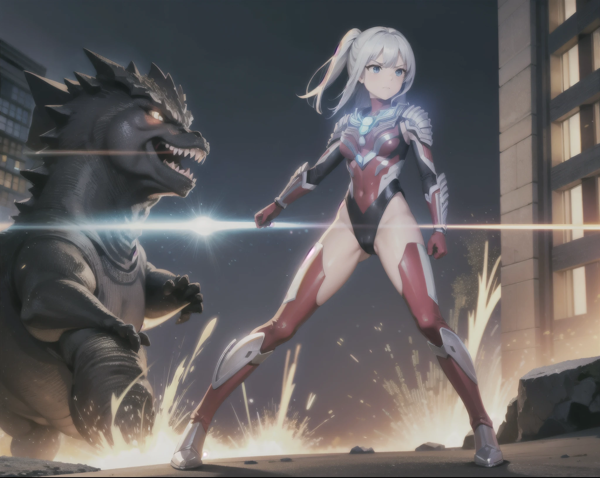 extremely detailed CG unreal engine 8k, best quality, (detailed fingers, detailed hands, detailed face), all intricate, beautiful detailed 1girl, (ultragirl :1.0), ultraman bodysuit, leotard, bare legs, boots, GTS, full body, (angry, serious), fighting stance, full body, standing, facing monster, detailed damaged buildings behind, outside,
(Godzilla attacking), monster, battle with monster, looking at girl