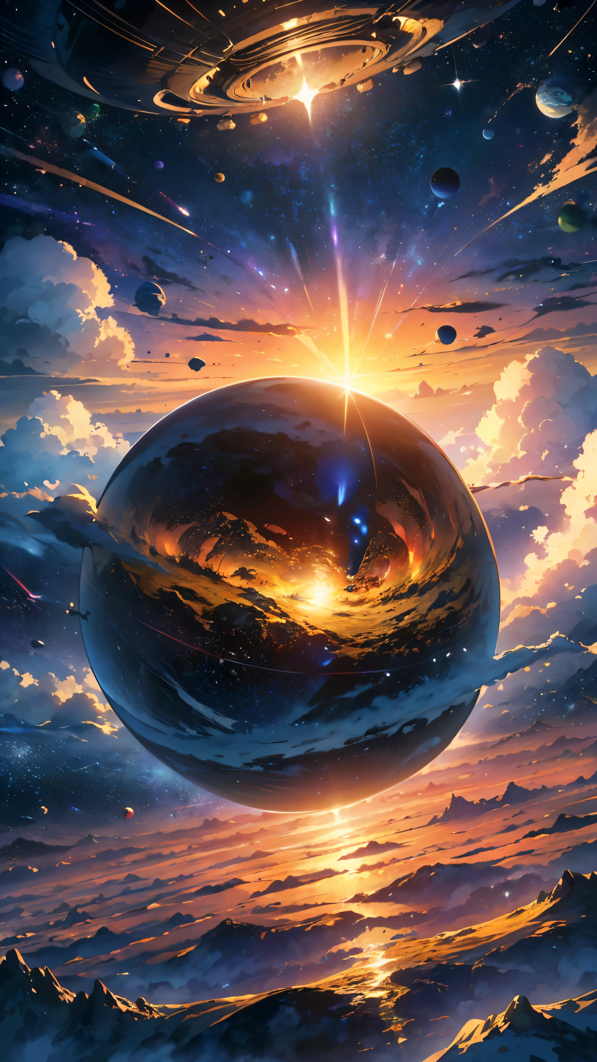 Create for me an image of a planet in space for a wallpaper,
((masuter piece, Best Quality, Ultra-high definition)),
A planet with diverse landscapes and rich colors,
((Large, sphere shaped, rotating ball with distinct features))),
((From an angled perspective, slicing through the orbiting rings)),
Vibrant blues, greens, and yellows covering its surface,
((With atmospheric effects, resembling a living organism)),
An intriguing mountain range gracing its equator,
((Majestically floating above swirling clouds)),
((A stunning contrast between light and shadow)),
Nightside revealing sparkling constellations