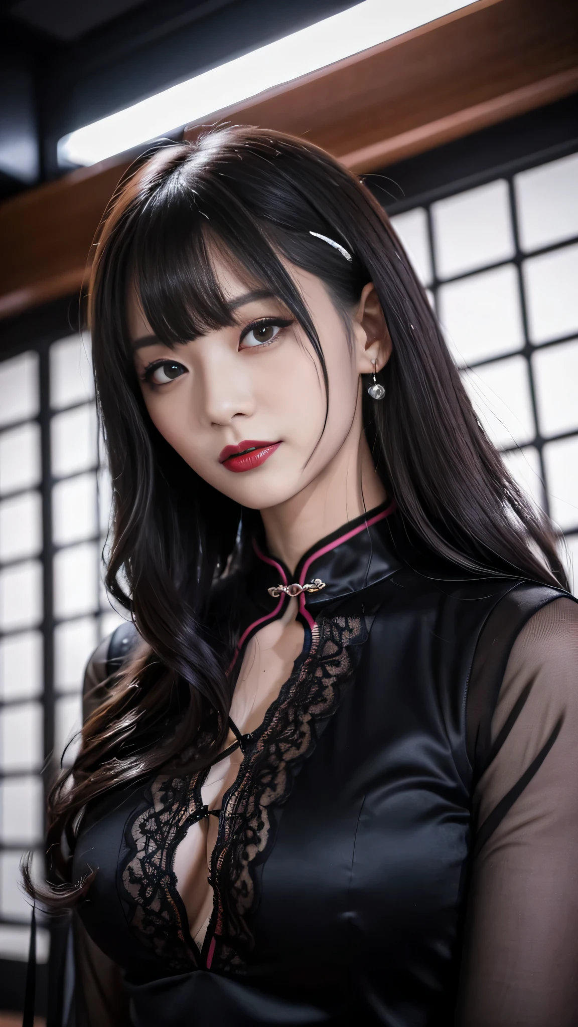 ltra-detailed、Japanese、attractive beauty、seductive adult woman、pretty woman、piercing eyes、cool girl、wavy hair、swept bangs、Long Black Cheongsam、wide sleeves、Evil cadres、evil depravity、brainwash、mind control、apply lipstick、smirk、evil look、evil、empty eyes、evil、church at night、vampire、vampire、succubus、Possessed and blackened、stick a needle in the neck