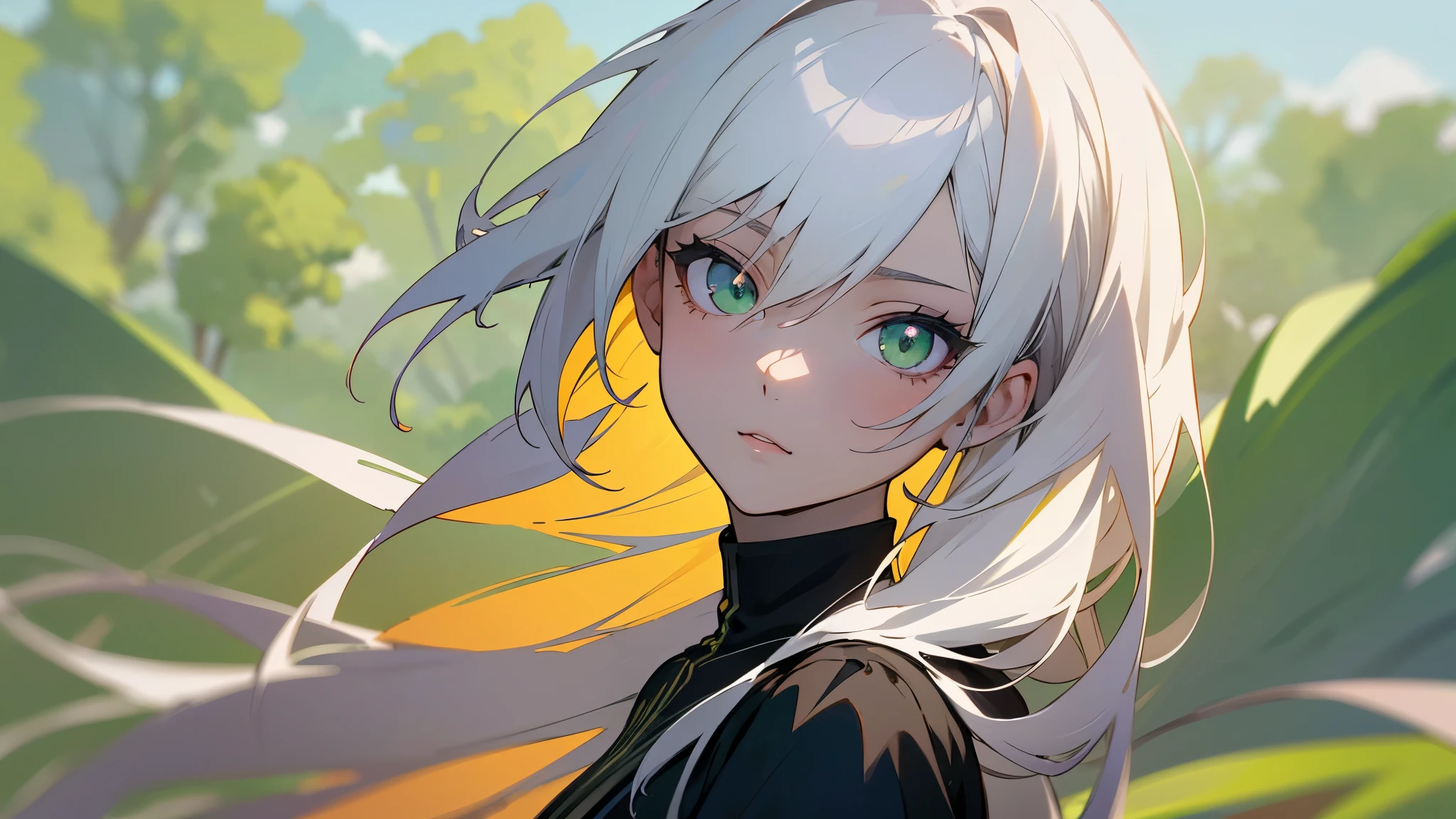 Anime girl with white hair and green eyes facing the camera , long hair straight no wind、Anime CG arte suave, anime style. 8k, Hecho con Anime Painter Studio, Retrato realista kawaii, Render de una linda chica de anime , Retrato suave colorido, Anime estilizado、(fondo cuidad en ruinas con mucha vegetacion salvaje), (Calidad de imagen superior), (Fondo de pantalla 8k unificado CG ultrafino), (colorido:1.2), Sharp focus (close up camera shot), flat chest, black clothes nier automata clothes a2 type of body small. very detailed lineart