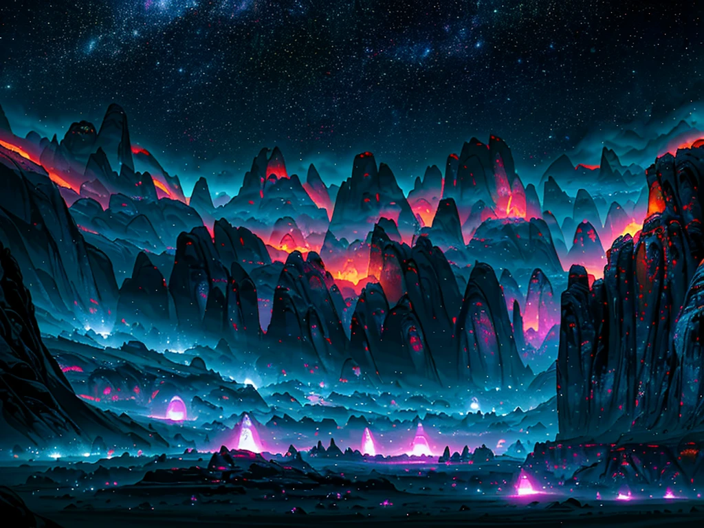 (bright colors, vibrant hues, glowing lights, sci-fi:1.1), detailed rocks and mountains, alien blue plants, strange and unique textures, surreal atmosphere, eerie glow, futuristic technology, mysterious celestial objects, starry sky, alliens animals, details, 