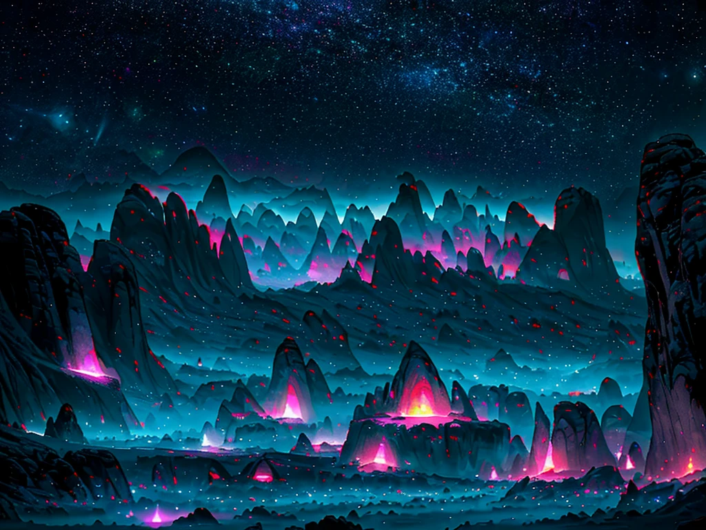 (bright colors, vibrant hues, glowing lights, sci-fi:1.1), detailed rocks and mountains, alien blue plants, strange and unique textures, surreal atmosphere, eerie glow, futuristic technology, mysterious celestial objects, starry sky, alliens animals, details, 